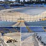 Panorámica reciente muestra el avance incompleto de la remodelación del del Estadio Doroteo Guamuch Flores con trabajos incompletos en la pista y áreas centrales.