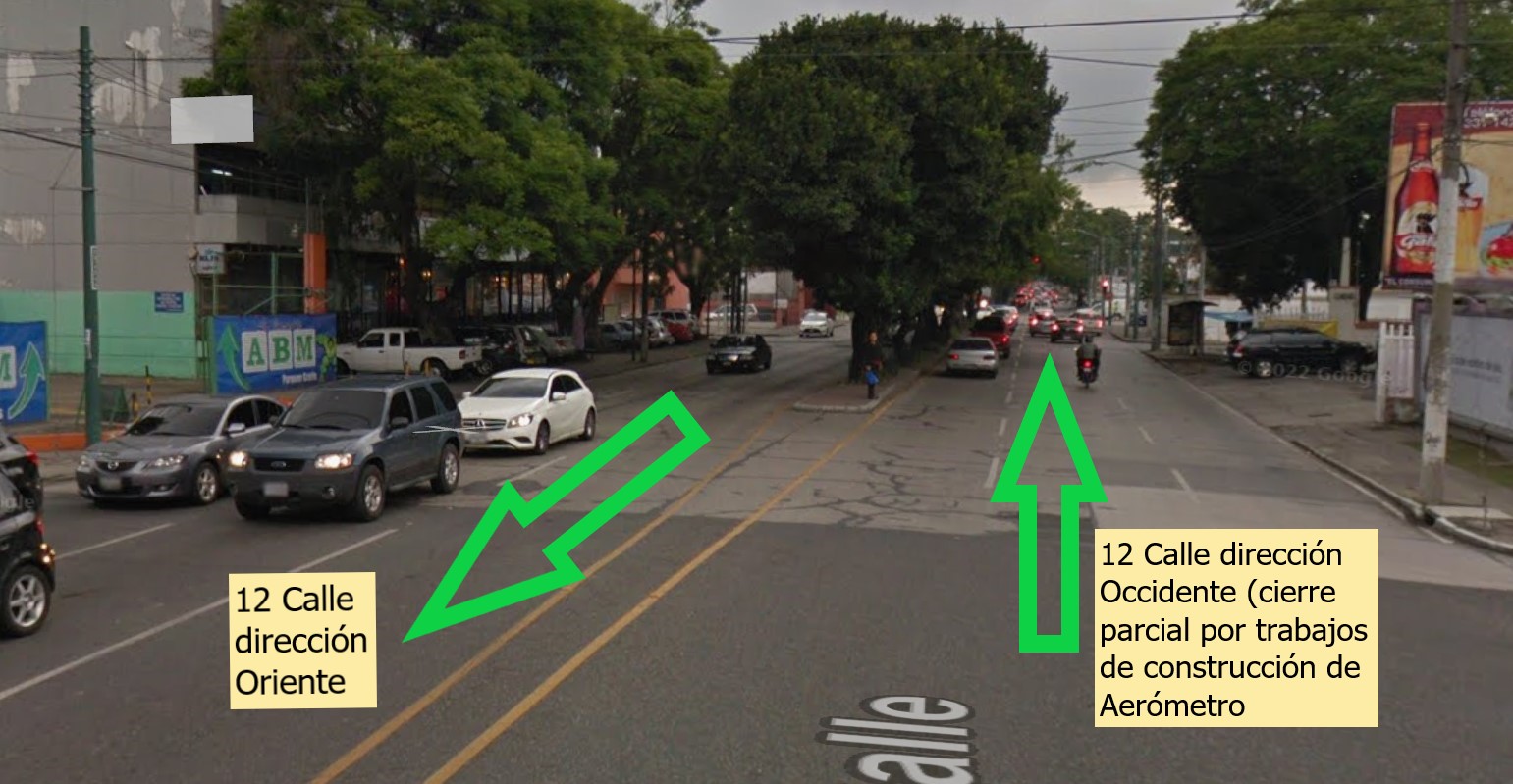 Amílcar Montejo explica que, por las obras del Aerómetro, la 12 calle de la Montúfar operará con reducción parcial de carriles: el sentido oriente funcionará con normalidad, mientras que el sentido occidente operará al 50% durante los trabajos (Foto, Prensa Libre: captura de pantalla Google Maps)
