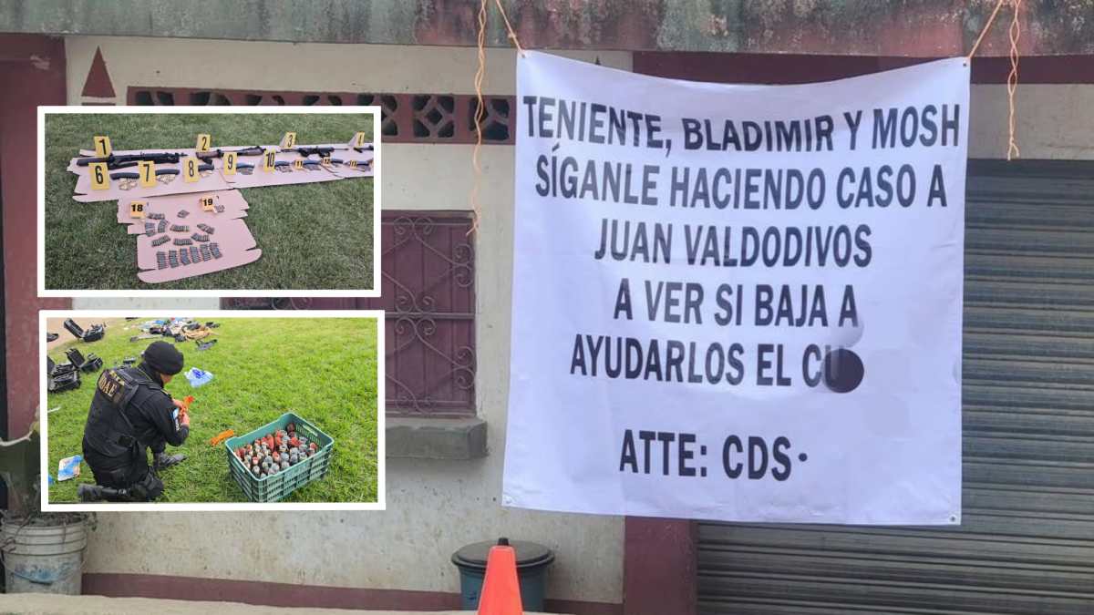 Composición de una manta y armamento táctico incautado tras los ataques en la frontera entre Guatemala y México.