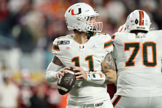 MIAMI GARDENS, FLORIDA - JANUARY 19: Carson Beck #11 of the Miami Hurricanes throws a pass during the fourth quarter against the Indiana Hoosiers in the 2026 College Football Playoff National Championship at Hard Rock Stadium on January 19, 2026 in Miami Gardens, Florida.   Carmen Mandato/Getty Images/AFP (Photo by Carmen Mandato / GETTY IMAGES NORTH AMERICA / Getty Images via AFP)
