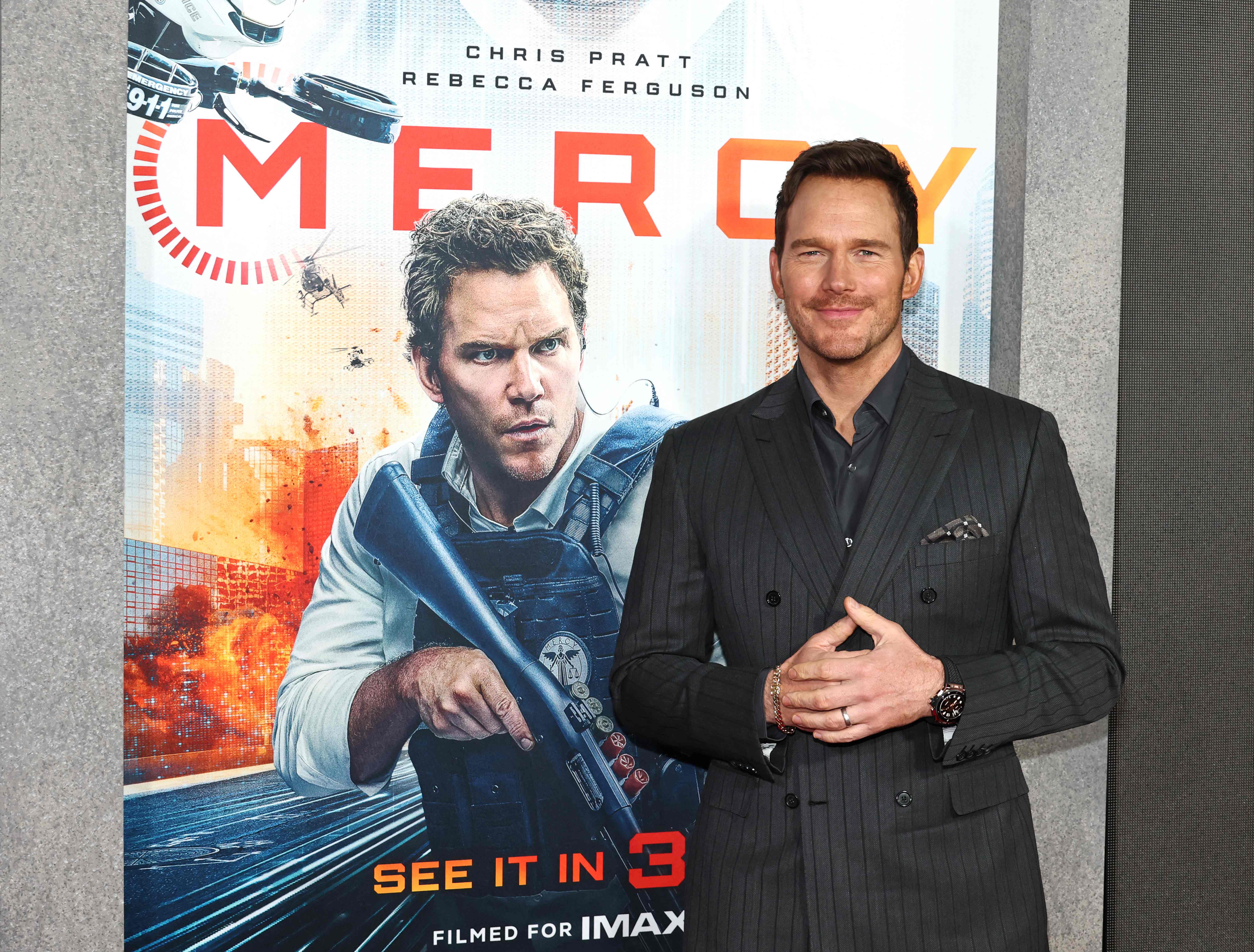Chris Pratt asiste al estreno de "Mercy" en Nueva York, en el Teatro AMC Lincoln Square, el 20 de enero de 2026.  (Foto Prensa Libre: AFP)