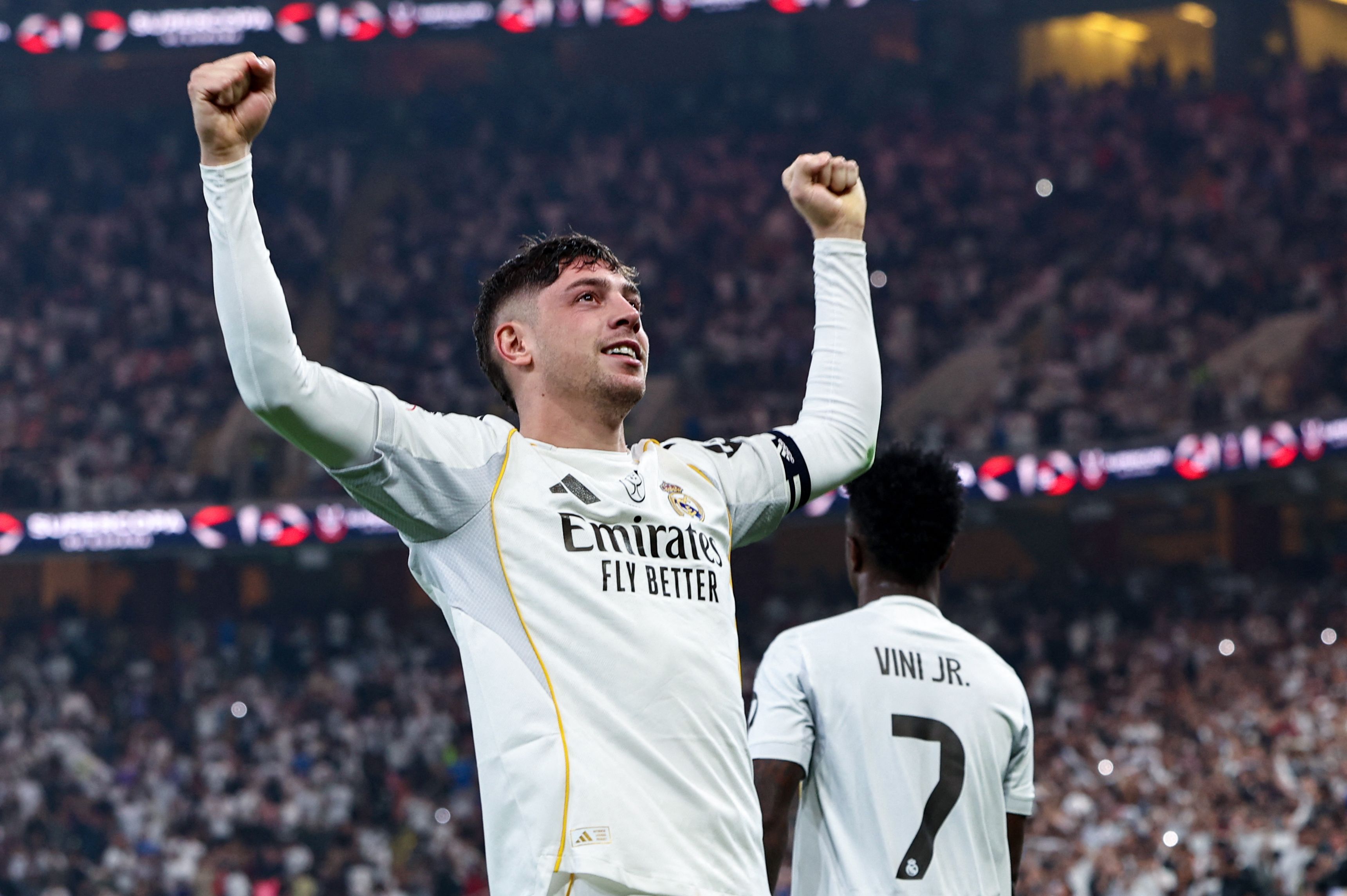 Real Madrid's Uruguayan midfielder #08 Federico Valverde celebrates after scoring his team's first goal during the Spanish Supercup semi-final football match between Atletico Madrid and Real Madrid at King Abdullah Sports City in Jeddah on January 8, 2026. (Photo by Fadel SENNA / AFP)