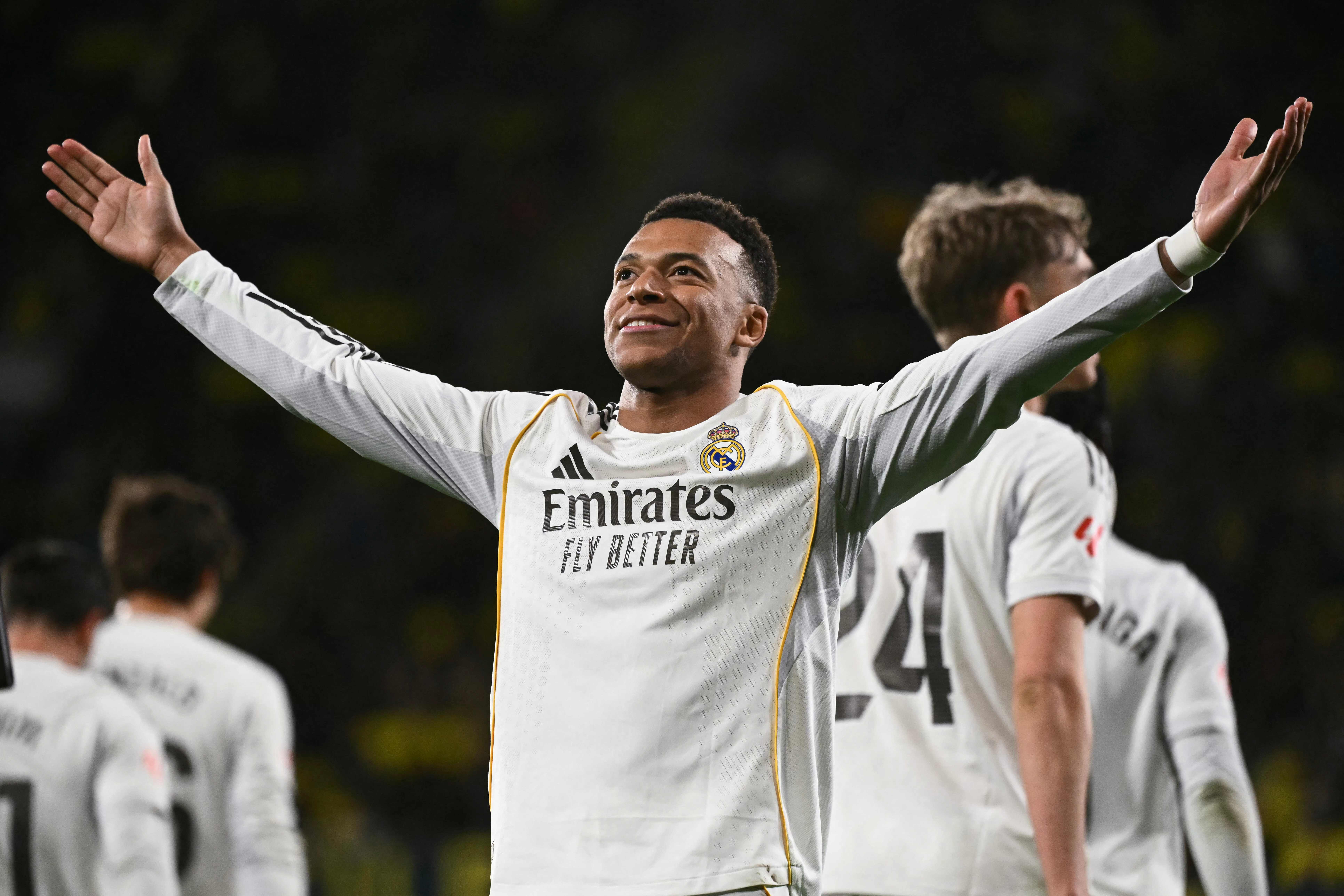 Real Madrid's French forward #10 Kylian Mbappe after scoring his team's second goal from the penalty spot during the Spanish league football match between Villarreal CF and Real Madrid CF at La Ceramica Stadium in Vila-Real on January 24, 2026. (Photo by JOSE JORDAN / AFP)