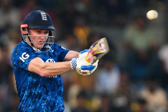 England's captain Harry Brook plays a shot during the third one-day international (ODI) cricket match between Sri Lanka and England at the R. Premadasa International Cricket Stadium in Colombo on January 27, 2026. (Photo by Ishara S. KODIKARA / AFP)