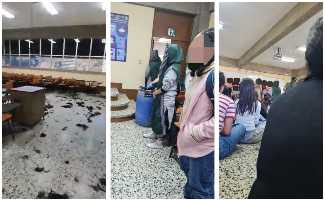 Encapuchados retienen a estudiantes de primer ingreso en un salón de la Facultad de Farmacia, donde les cortaron el cabello durante un “bautizo” prohibido. (Foto Prensa Libre: Capturas de pantalla)