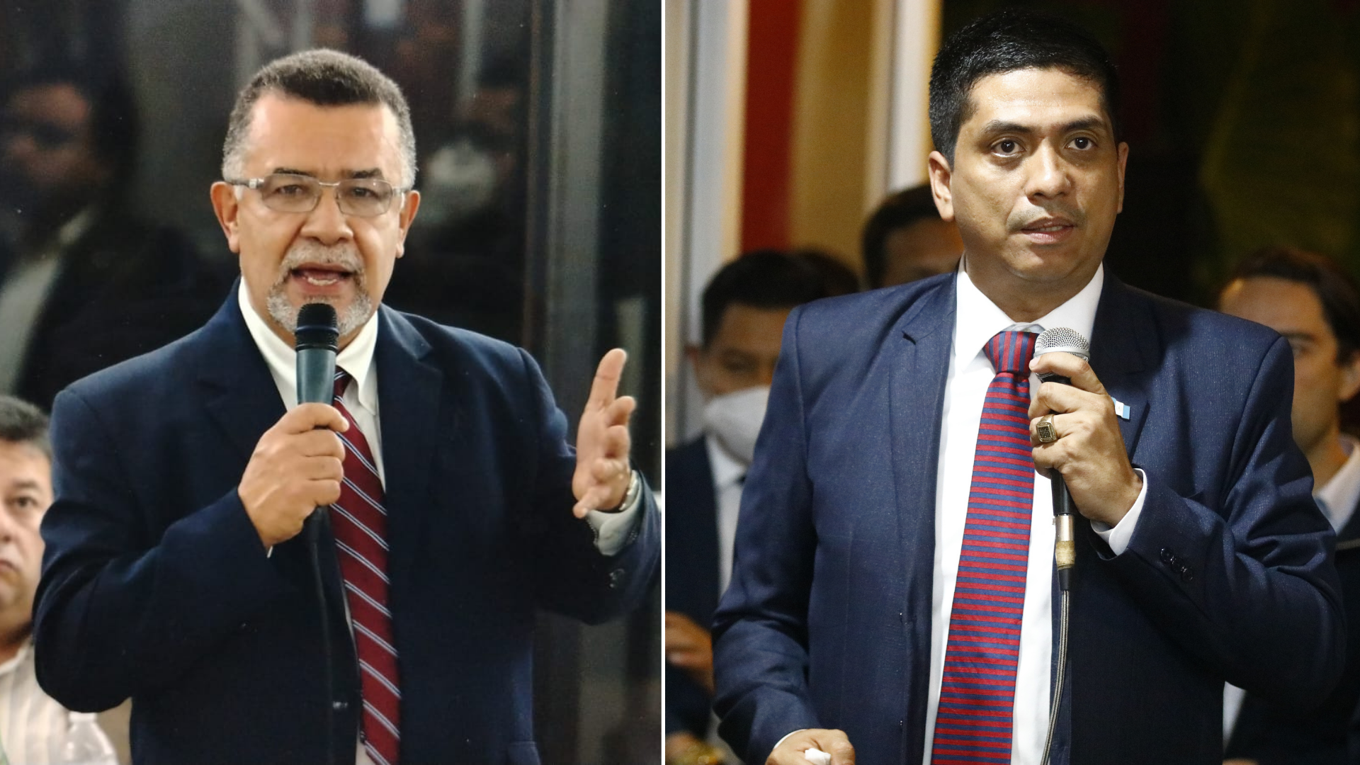 Foto compuesta de Estuardo Gálvez y Mynor Moto, confirmando su candidatura a magistrados de la Corte de Constitucionalidad de Guatemala; Gálvez a la izquierda y Moto a la derecha.