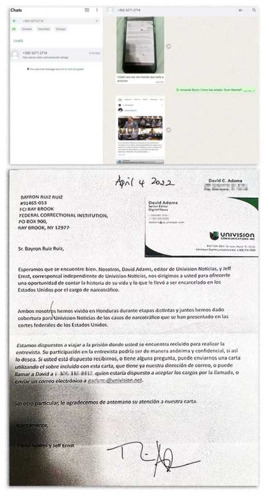 Carta y chat vinculados a Byron Ruiz, narcotraficante que entregó el narcovideo a InSight Crime antes de ser asesinado en Guatemala.