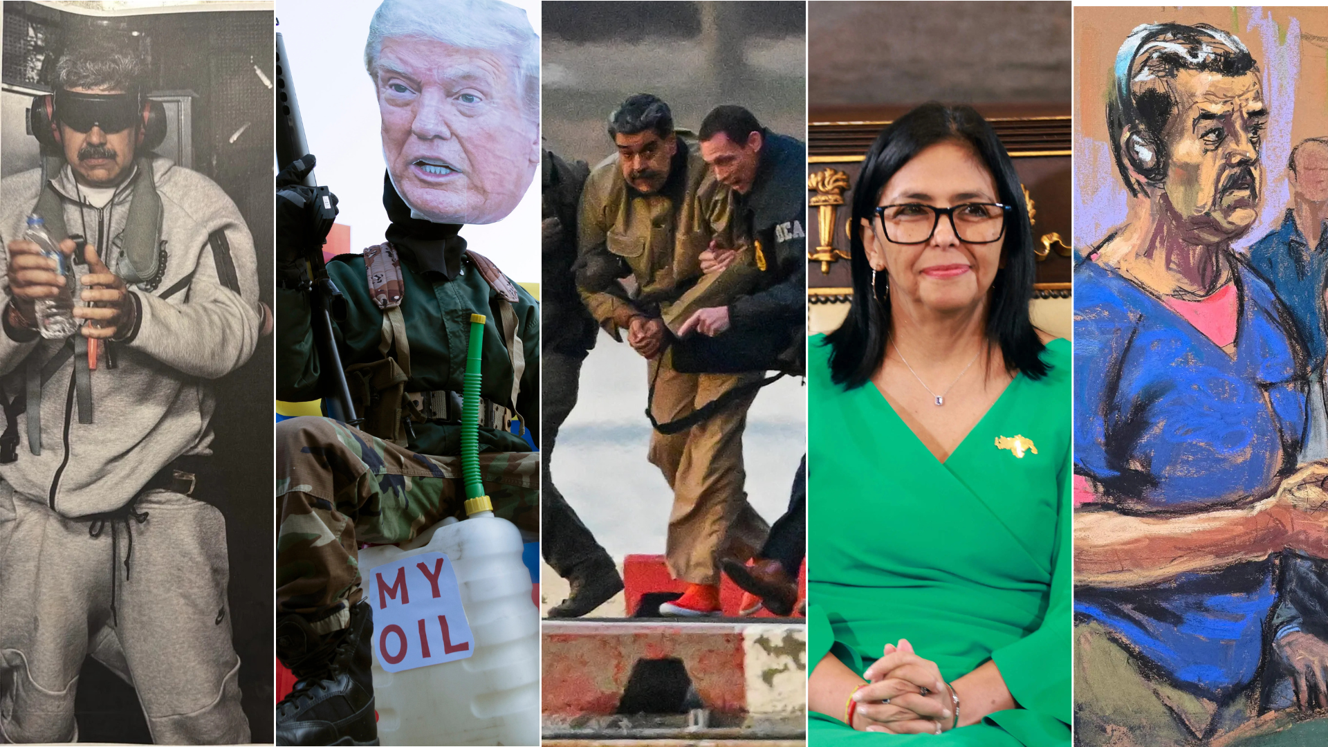 Composición de imágenes sobre la captura de Nicolás Maduro por Estados Unidos, protestas internacionales, juramentación de Delcy Rodríguez y primera comparecencia judicial en Nueva York