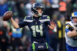 SEATTLE, WASHINGTON - JANUARY 25: Sam Darnold #14 of the Seattle Seahawks throws a pass during the first quarter against the Los Angeles Rams in the NFC Championship game at Lumen Field on January 25, 2026 in Seattle, Washington.   Ronald Martinez/Getty Images/AFP (Photo by RONALD MARTINEZ / GETTY IMAGES NORTH AMERICA / Getty Images via AFP)