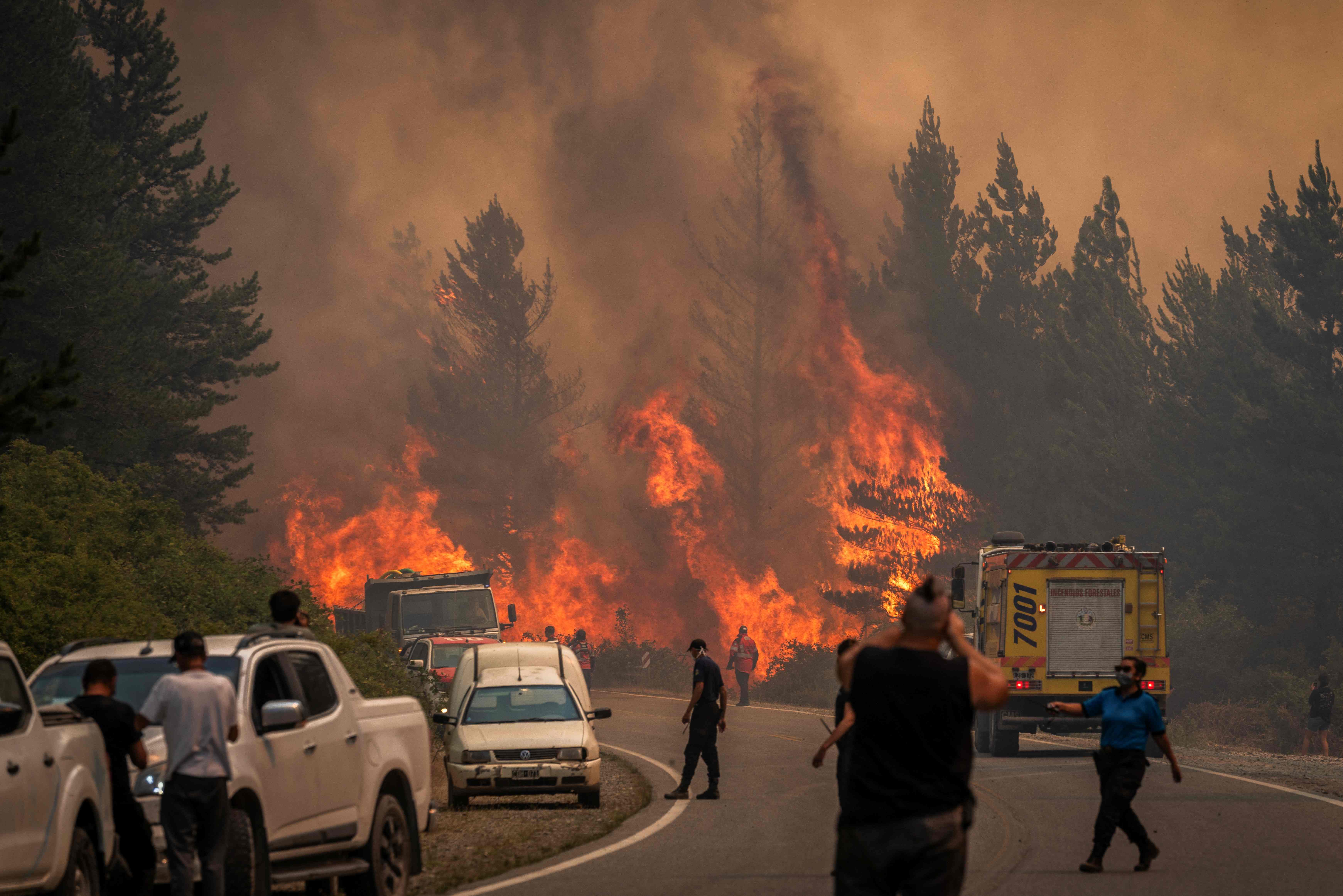 Firefighters battle the flames to extinguish a bushfire in Mount Pirque at El Hoyo, in the Patagonian region of Chubut province, Argentina on January 10, 2026. More than 5,500 hectares of forest have been consumed by the main wildfire in Argentina's Patagonia, as hundreds of firefighters and local volunteers struggled to contain flames out of control that have left small communities on edge. The blazes come a year after Patagonia suffered its worst wildfires in three decades, part of a string of extreme events that has kept official and community firefighting systems under constant strain. (Photo by Gonzalo KEOGAN / AFP)