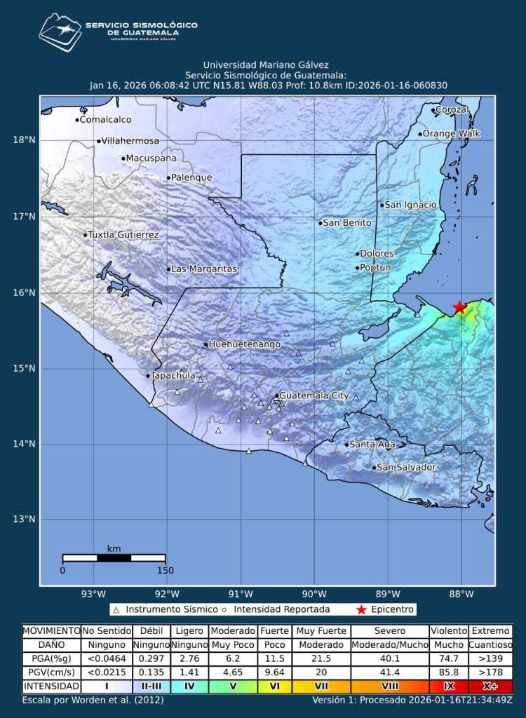 Mapa de intensidad sísmica que muestra las áreas de Guatemala donde fue percibido el sismo frente a Izabal.