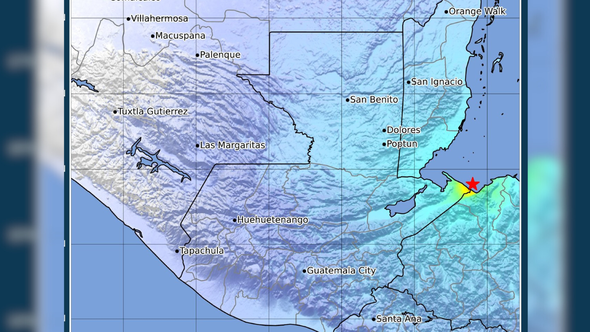 Mapa de intensidad sísmica del sismo de magnitud 5.7 registrado cerca de Izabal, Guatemala
