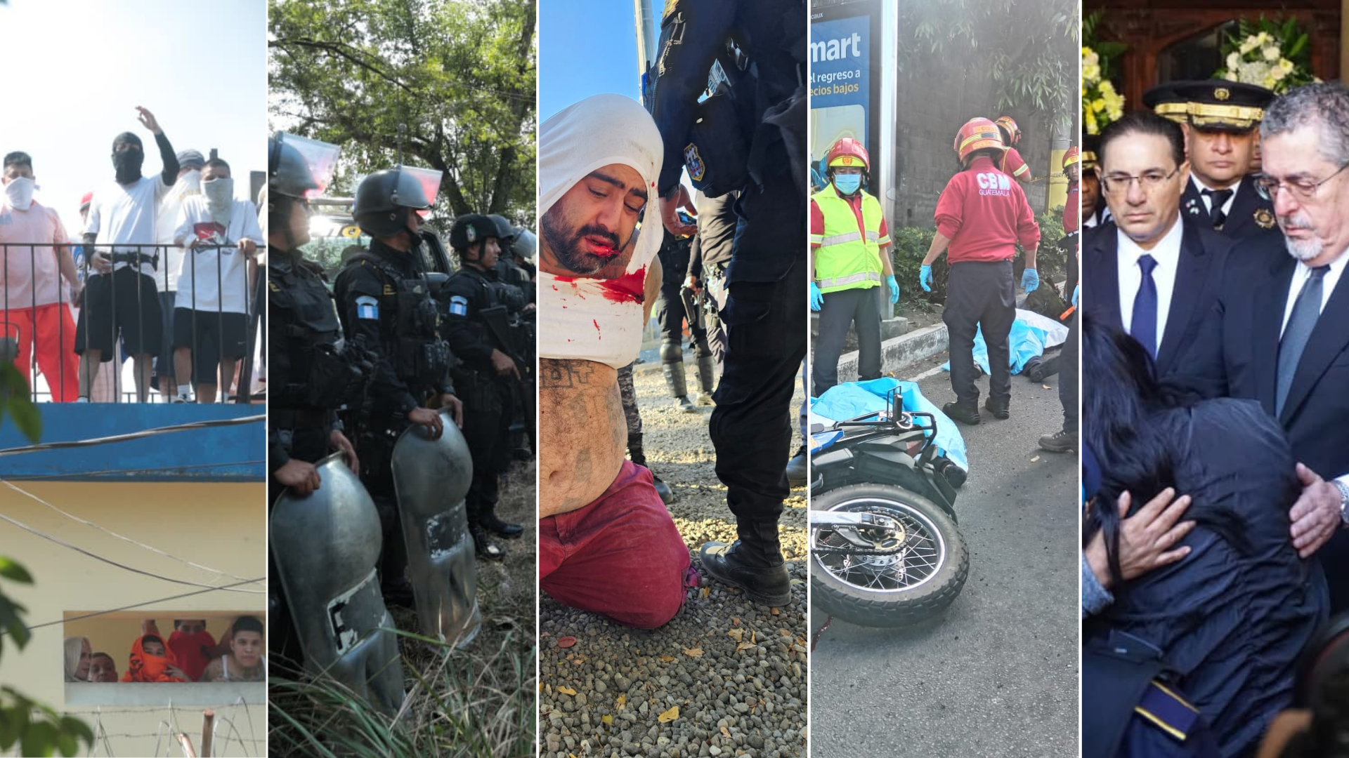 Composición de imágenes de los motines en cárceles de Guatemala, despliegue de fuerzas de seguridad, sometimiento de El Lobo, ataques contra agentes de la PNC y honras fúnebres policiales.
