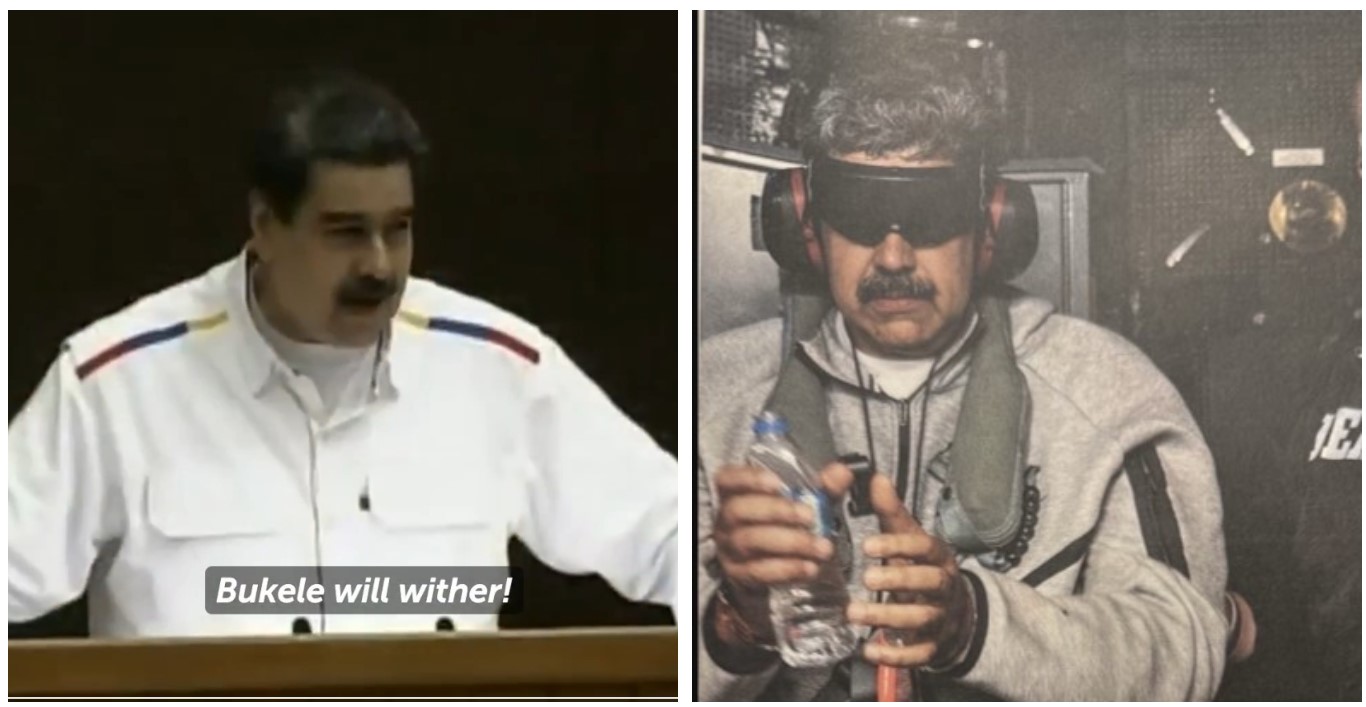 Nicolás Maduro durante un discurso en Caracas, en el que insultó a Nayib Bukele (izquierda), y tras su captura por fuerzas de EE. UU., engrilletado y con gafas oscuras (derecha). Bukele compartió ambas imágenes en una publicación que no incluyó palabras, solo la bandera de Venezuela. (Foto Prensa Libre: Tomadas de @nayibbukele)