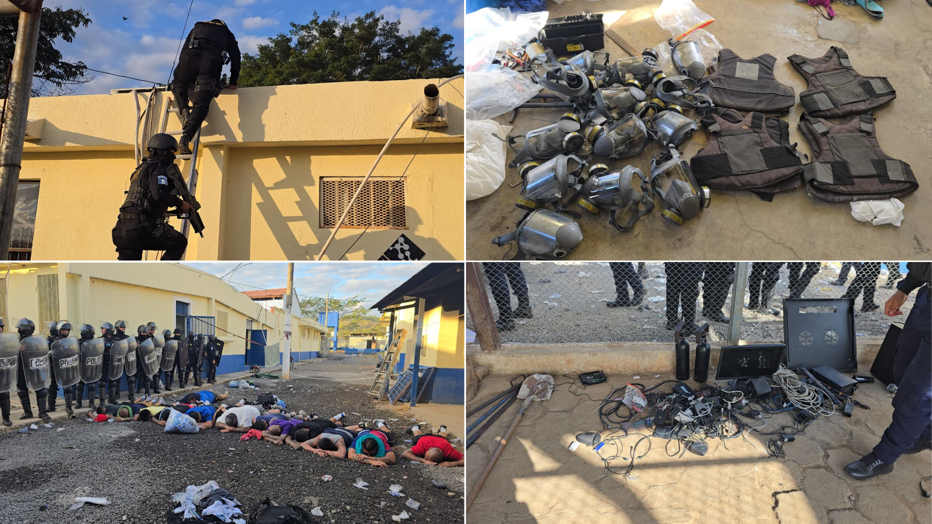 PNC durante requisa en Renovación 1, Escuintla, asegurando armas, droga y equipos del sistema penitenciario; internos boca abajo en el suelo.