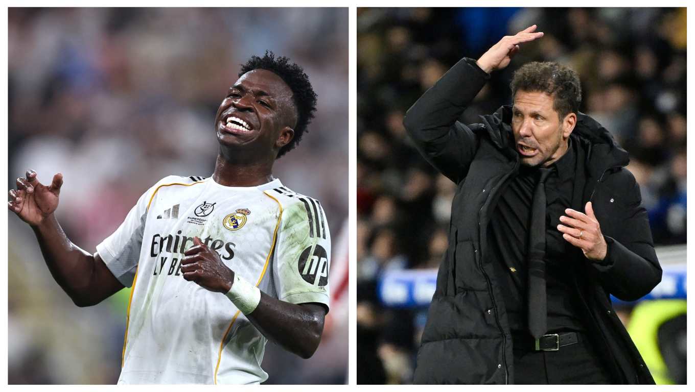 Simeone y Vinicius JR. tuvieron un cruce de palabras en la Supercopa de España. (Foto Prensa Libre: AFP).