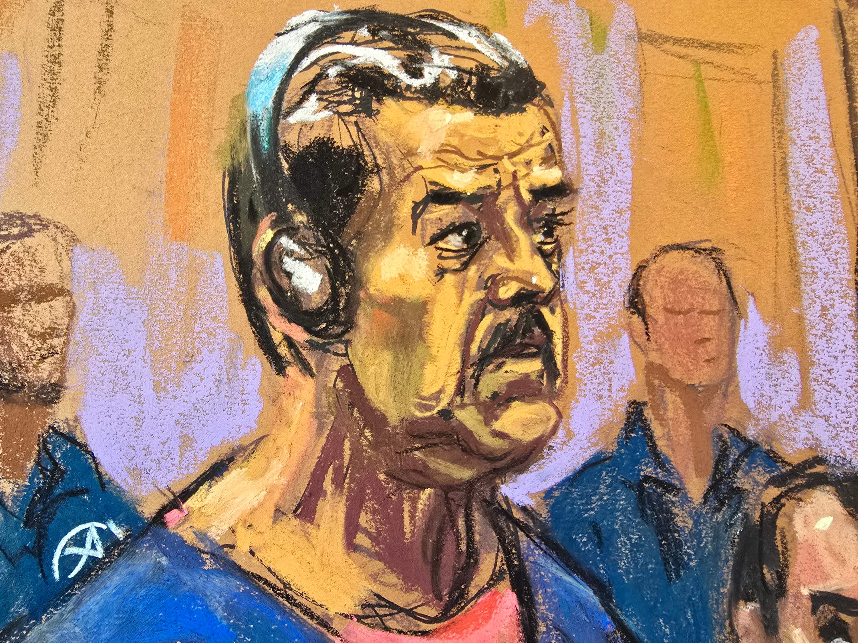 Ilustración judicial de Nicolás Maduro y Cilia Flores en su lectura de cargos en Nueva York, el 5 de enero de 2026. Maduro se declaró inocente. (Foto Prensa Libre: AFP)