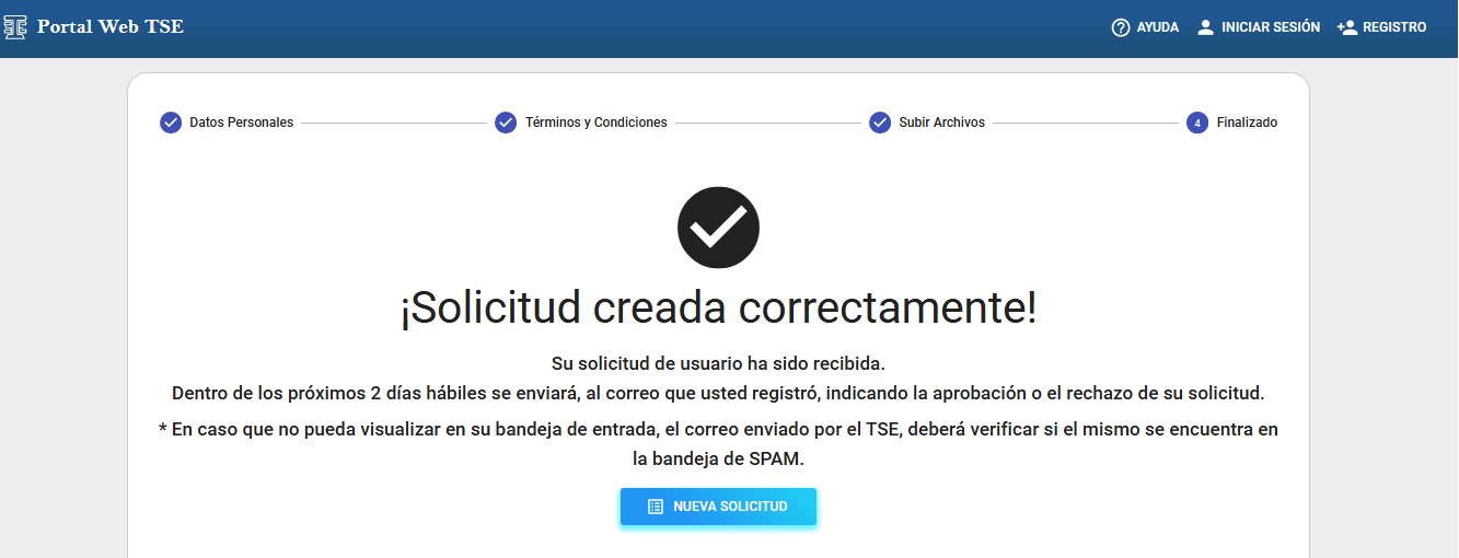 Si la información es correcta, el sistema del TSE enviará los datos de acceso al correo del usuario en un plazo aproximado de dos días hábiles. (Foto, Prensa Libre: captura de pantalla TSE)