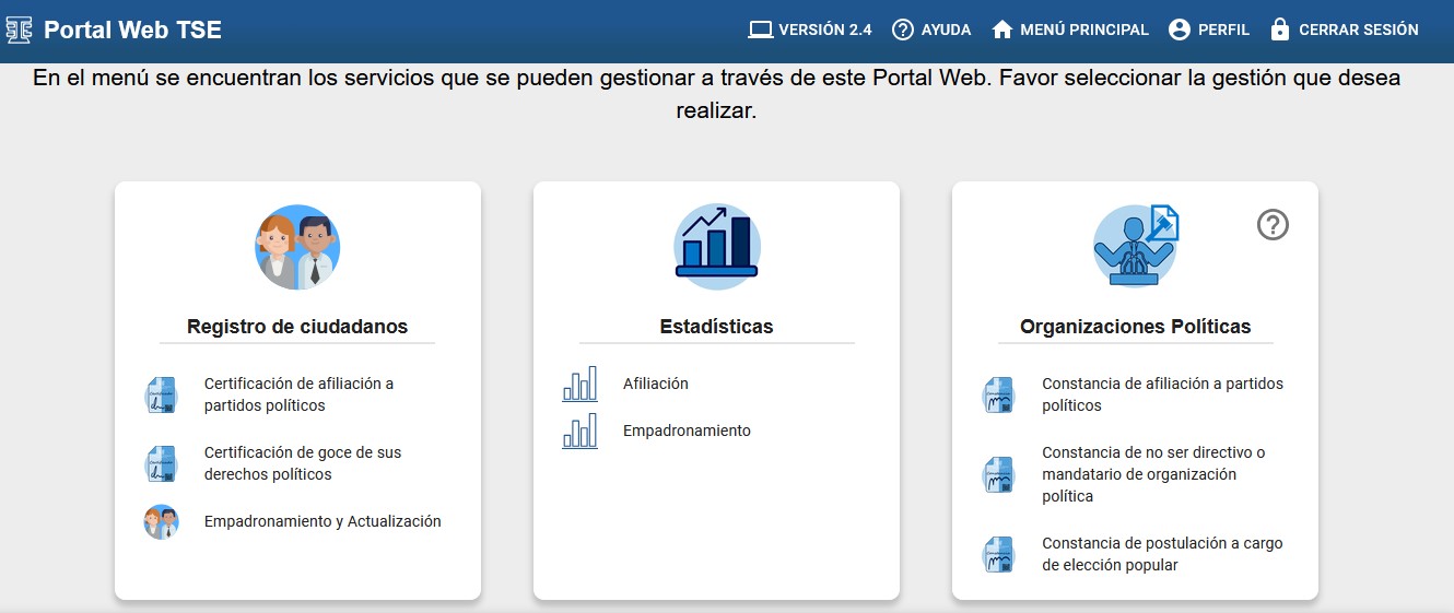 Luego de crear su usuario, el ciudadano debe ingresar al sistema del TSE y acceder a la sección Registro de ciudadanos para completar el empadronamiento o la actualización de datos. (Foto Prensa Libre: captura de pantalla TSE)