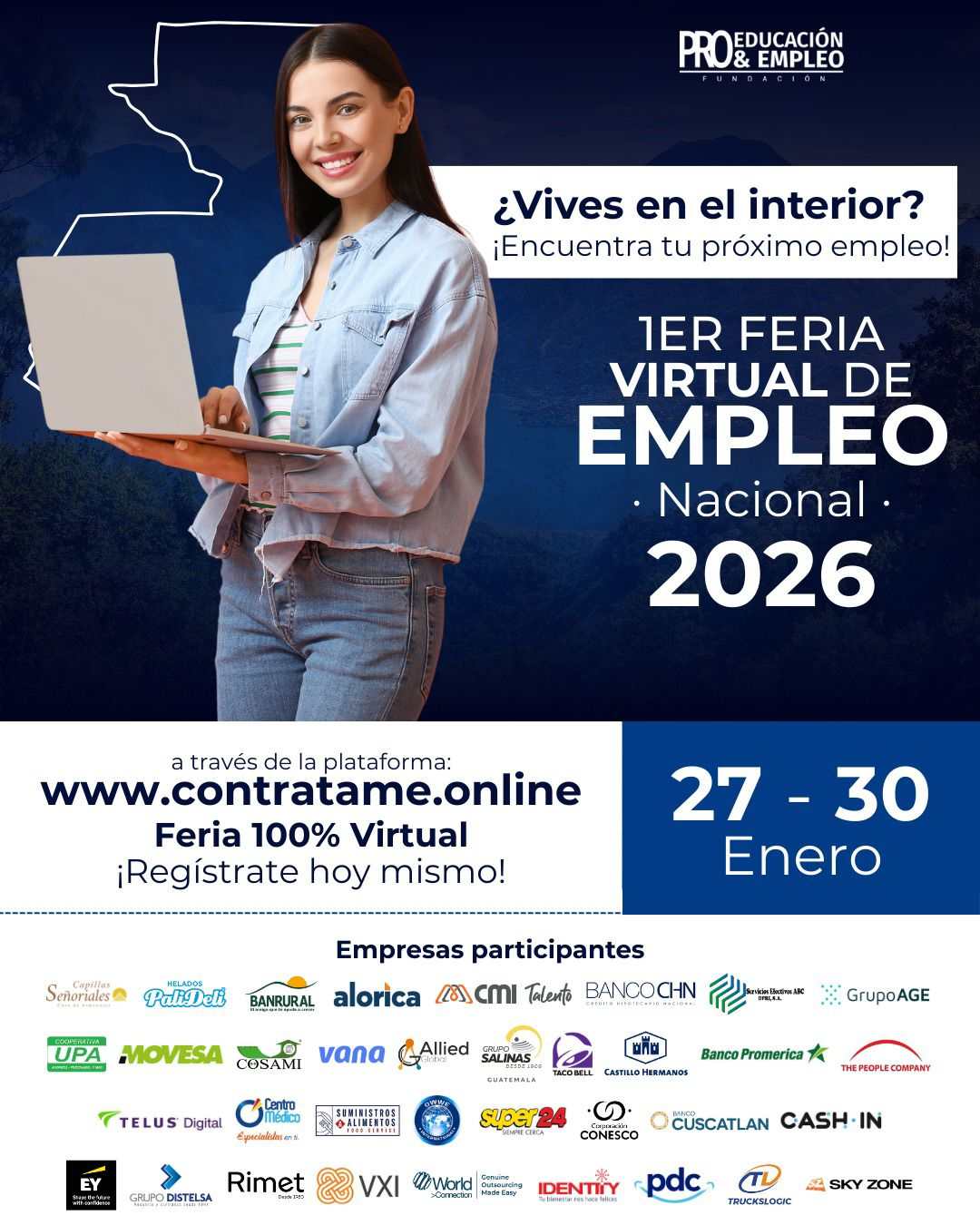 La feria de trabajo virtual estará disponible del 27 al 30 de enero de 2026 para facilitar el acceso a empleo a guatemaltecos que viven en el interior del país. Segú los organizadores hay 4 mil plazas distribuidas en diferentes departamentos de Guatemala.