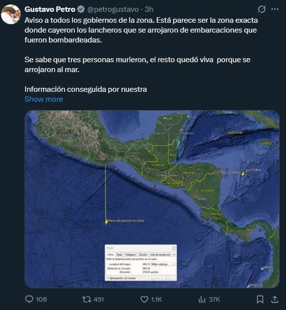 Petro asegura que EEUU atacó una embarcación en una zona cercana a México y Guatemala.