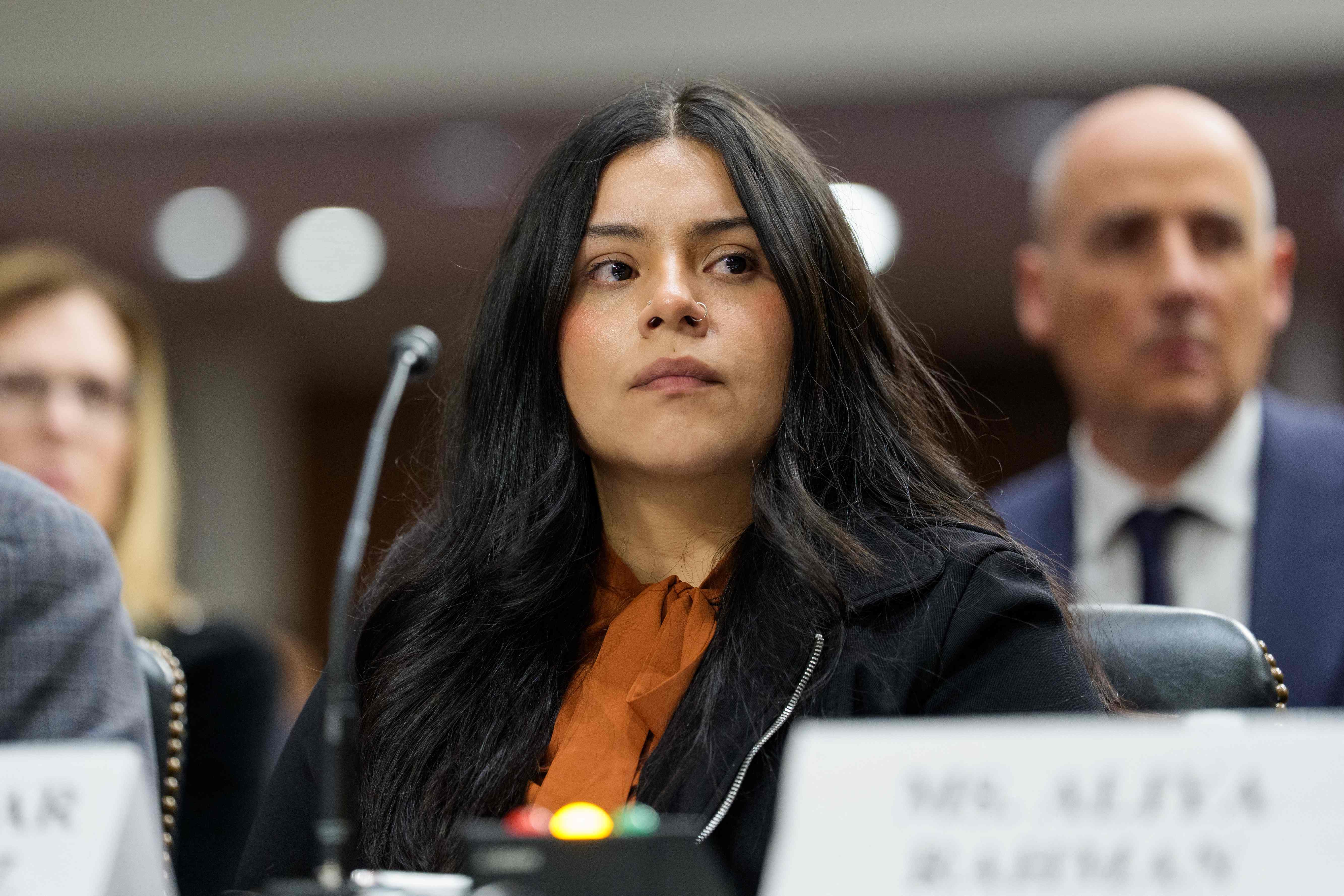 WASHINGTON, DC - FEBRUARY 3: Marimar Martinez, who was shot 5 times by immigration enforcement agents in Chicago, testifies during a public forum on the violent use of force by Department of Homeland Security (DHS) agents, at the Dirksen Senate Office Building on Capitol Hill on February 03, 2026 in Washington, DC. The forum, hosted by Democratic lawmakers, is hearing testimony from Brent and Luke Granger, whose sister Renee Good, was shot and killed by ICE agents in Minneapolis and Marimar Martinez, who survived after being shot by CBP agents in Chicago.   Aaron Schwartz/Getty Images/AFP (Photo by Aaron Schwartz / GETTY IMAGES NORTH AMERICA / Getty Images via AFP)