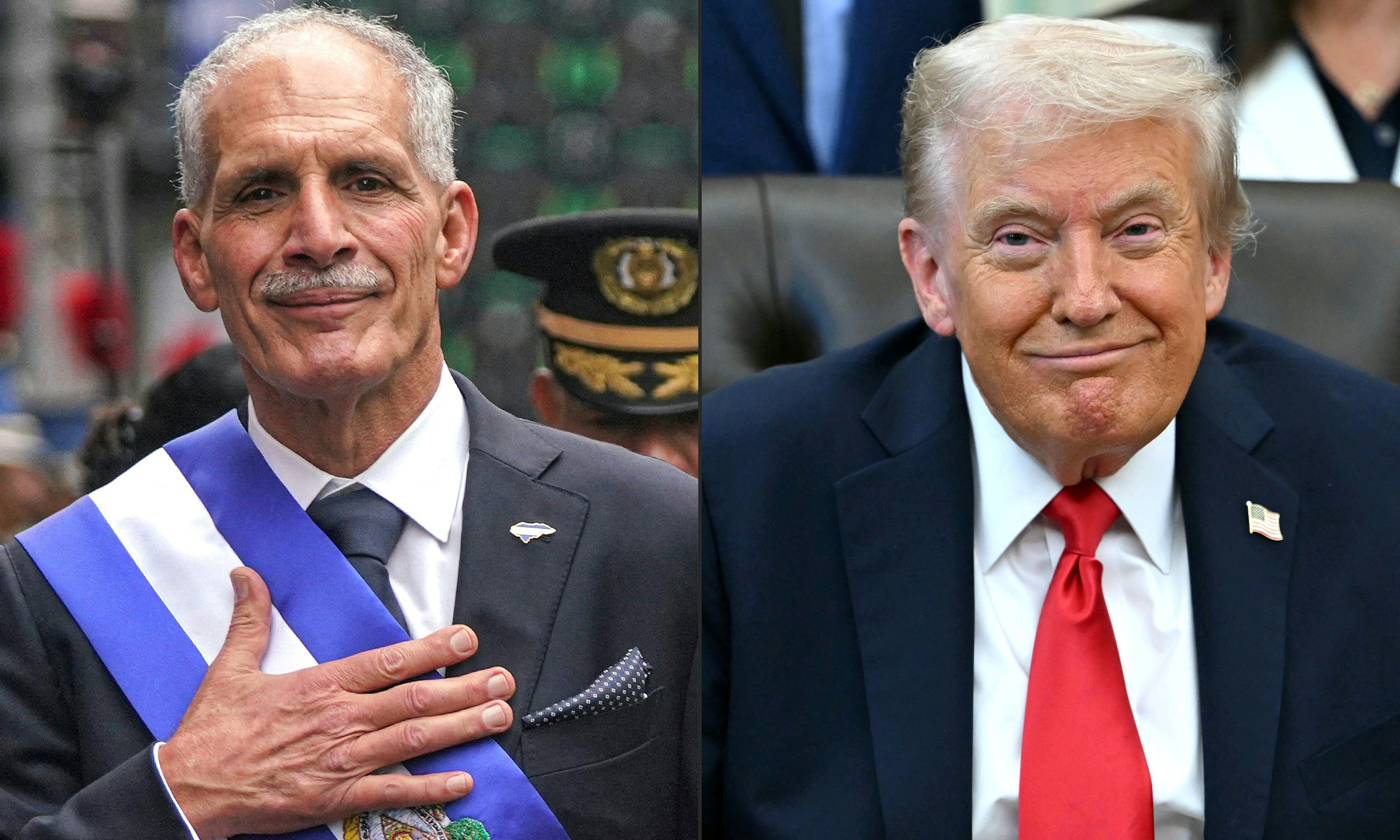 Esta combinación de imágenes creada el 6 de febrero de 2026 muestra al presidente de Honduras, Nasry Asfura, caminando tras la ceremonia de investidura en el Congreso hondureño en Tegucigalpa el 27 de enero de 2026, y al presidente de Estados Unidos, Donald Trump, sonriendo durante un anuncio en el Despacho Oval de la Casa Blanca en Washington D. C. el 16 de octubre de 2025.  (Foto Prensa Libre: AFP)