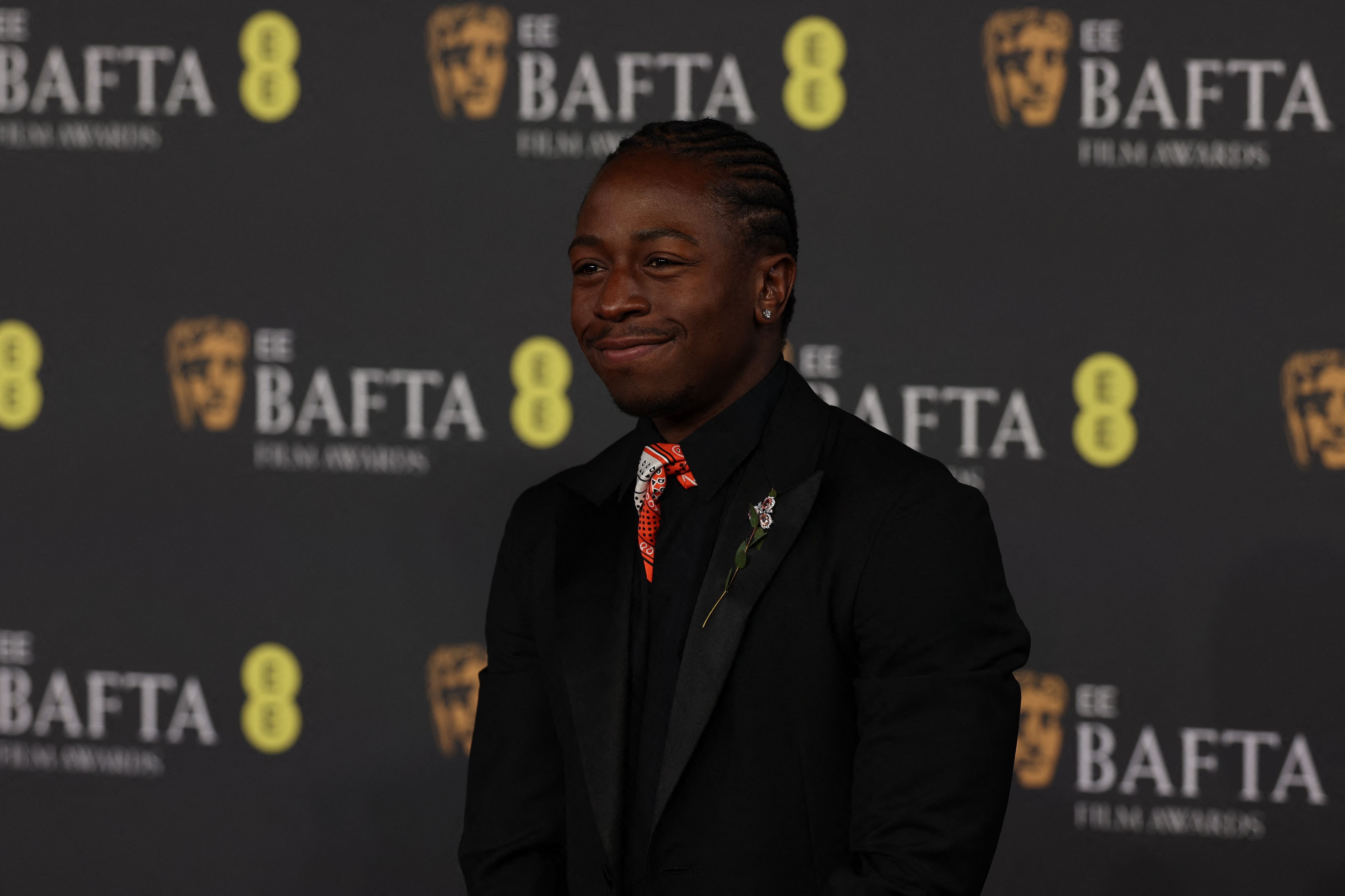British actor David Jonsson poses on the red carpet upon arrival at the BAFTA British Academy Film Awards at the Royal Festival Hall, Southbank Centre, in London, on February 22, 2026. (Photo by Adrian Dennis / AFP)