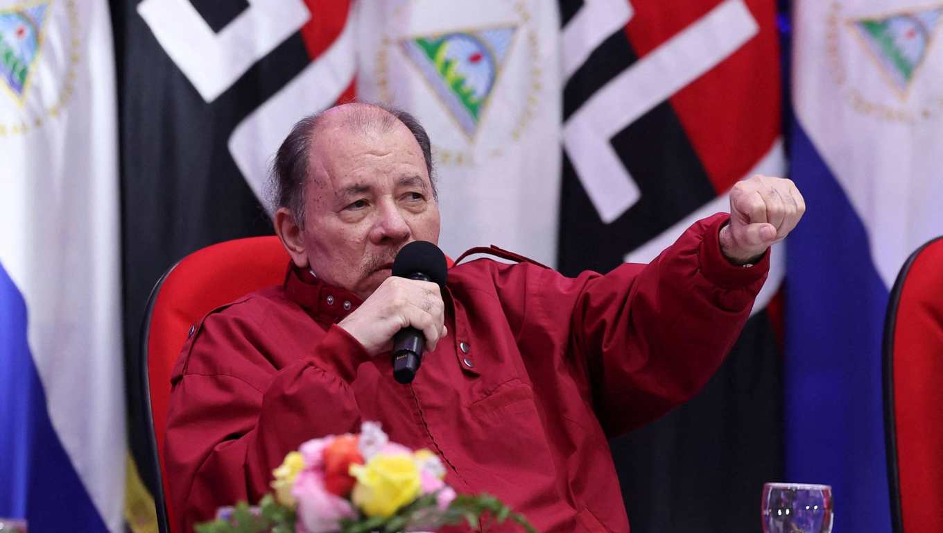 This handout picture released by the official El 19 Digital news outlet shows Nicaragua's President Daniel Ortega speaking during the central ceremony marking the 92nd anniversary of the death of Augusto C. Sandino, regarded as a national hero, in Managua on February 23, 2026. (Photo by JAIRO CAJINA / El 19 DIGITAL / AFP) / RESTRICTED TO EDITORIAL USE - MANDATORY CREDIT "AFP PHOTO / EL 19 DIGITAL / JAIRO CAJINA" - NO MARKETING NO ADVERTISING CAMPAIGNS - DISTRIBUTED AS A SERVICE TO CLIENTS