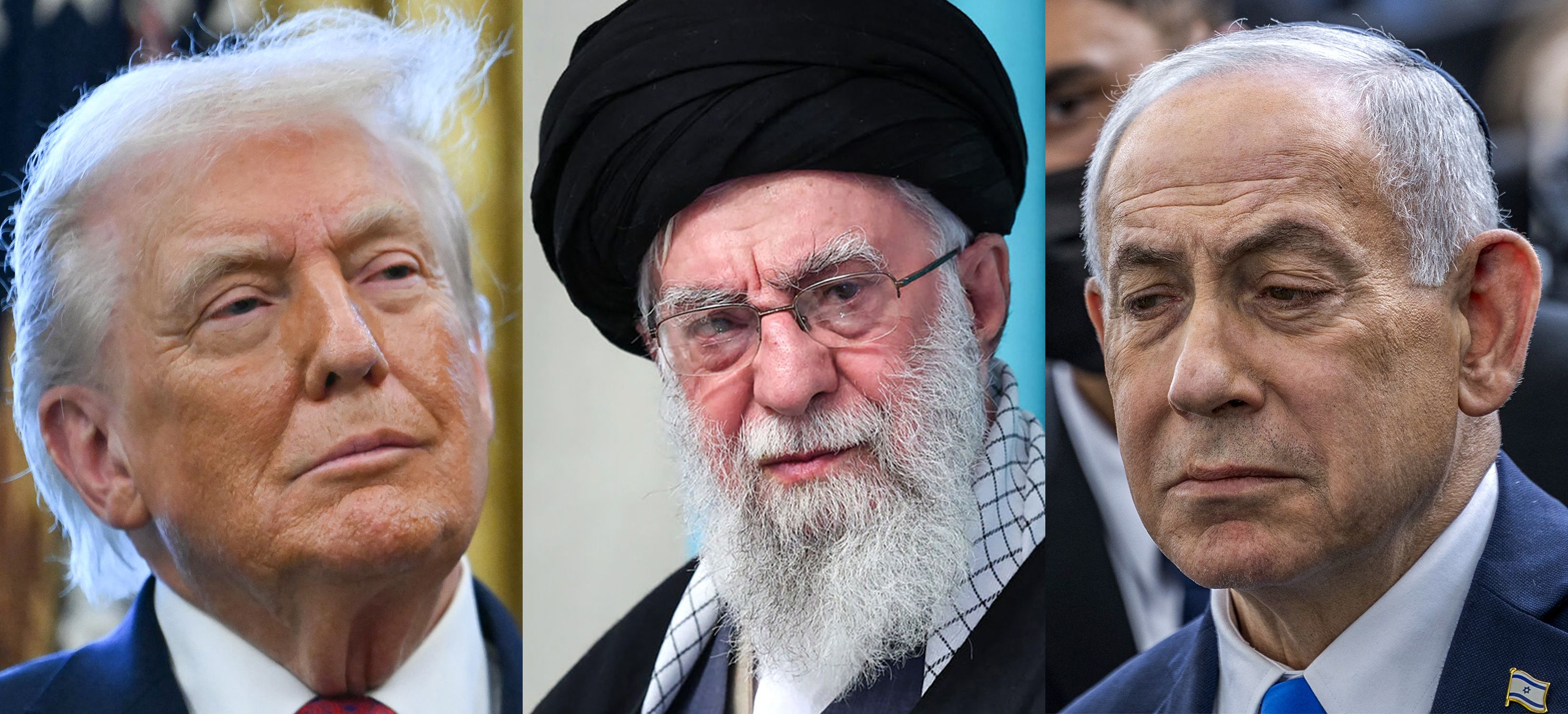 En imágenes muestra al presidente de Estados Unidos Donald Trump al líder supremo de Irán ayatolá Ali Jamenei y al primer ministro de Israel Benjamin Netanyahu en el contexto de los ataques lanzados contra Irán. (Foto Prensa Libre: AFP)