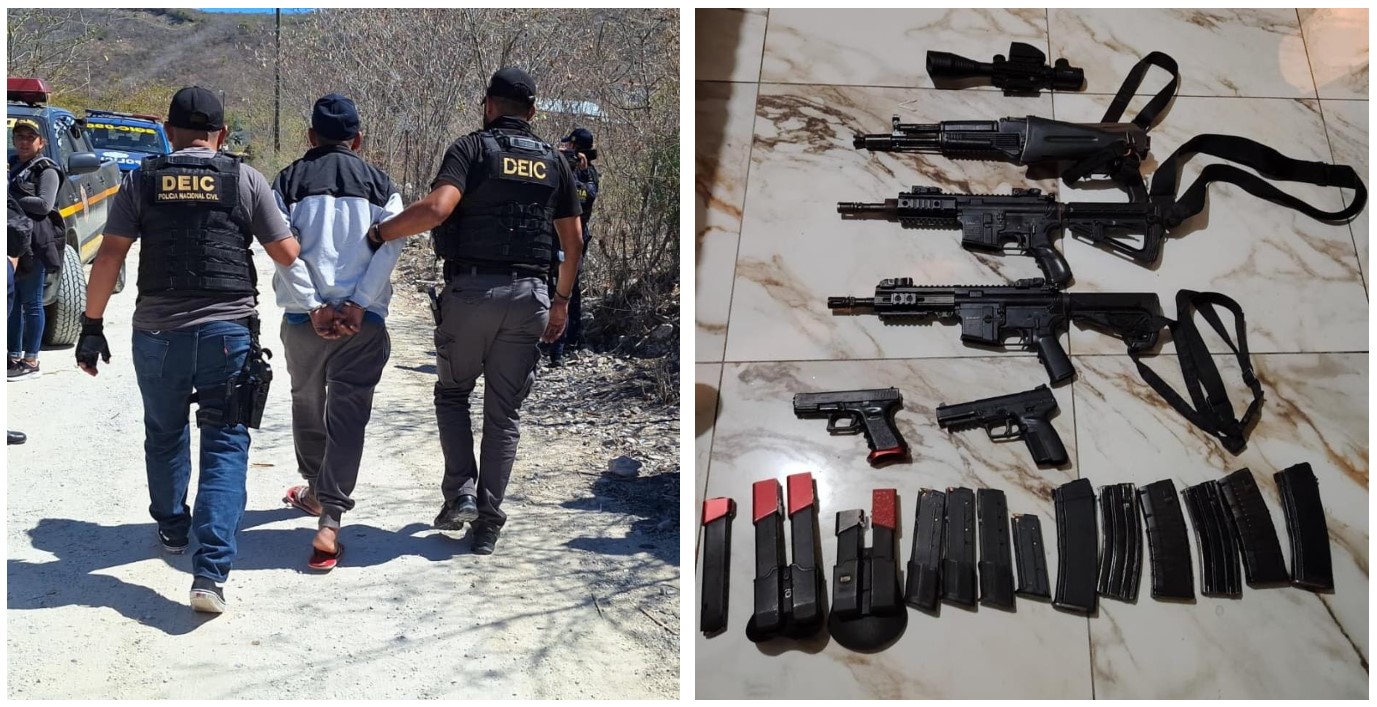 Adolfo “N” es capturado en Guastatoya, El Progreso, acusado de integrar la estructura de coyotazgo “Los Sara”. En el operativo se incautaron fusiles, pistolas, tolvas y municiones. (Fotos Prensa Libre: PNC)