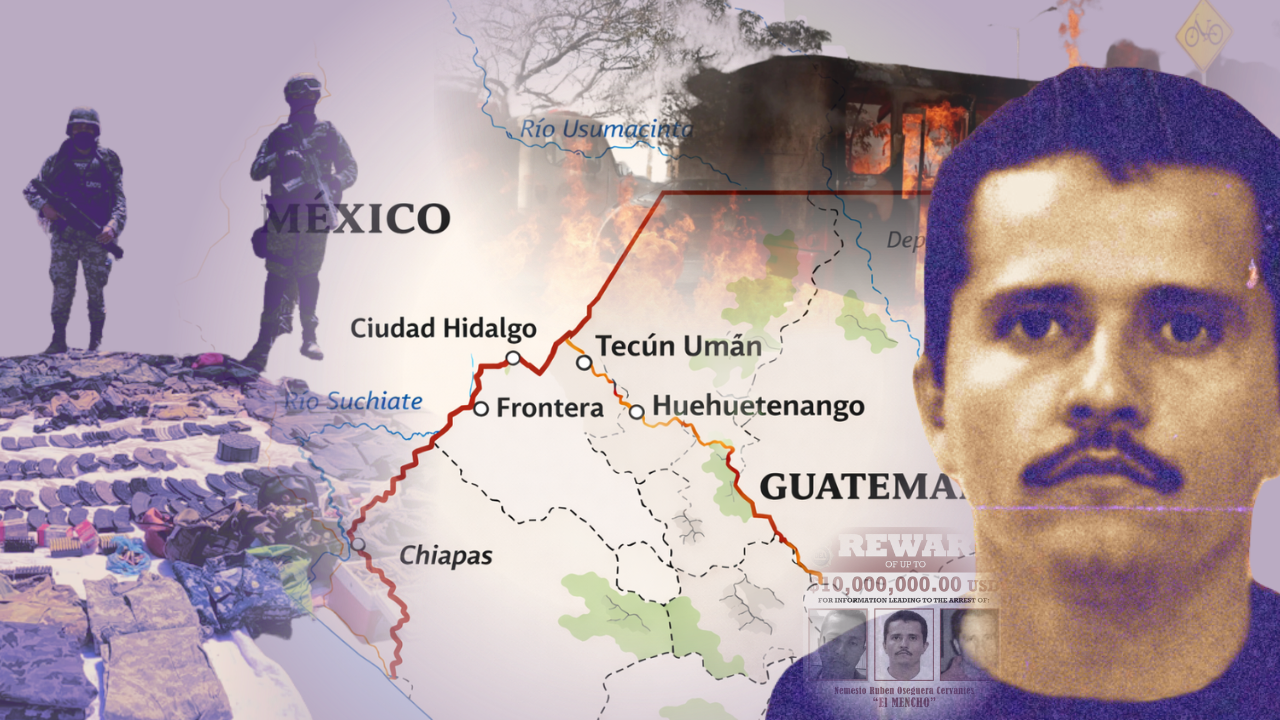 Imagen de Nemesio Oseguera Cervantes, alias “El Mencho”, junto a un mapa que destaca la frontera entre México y Guatemala.