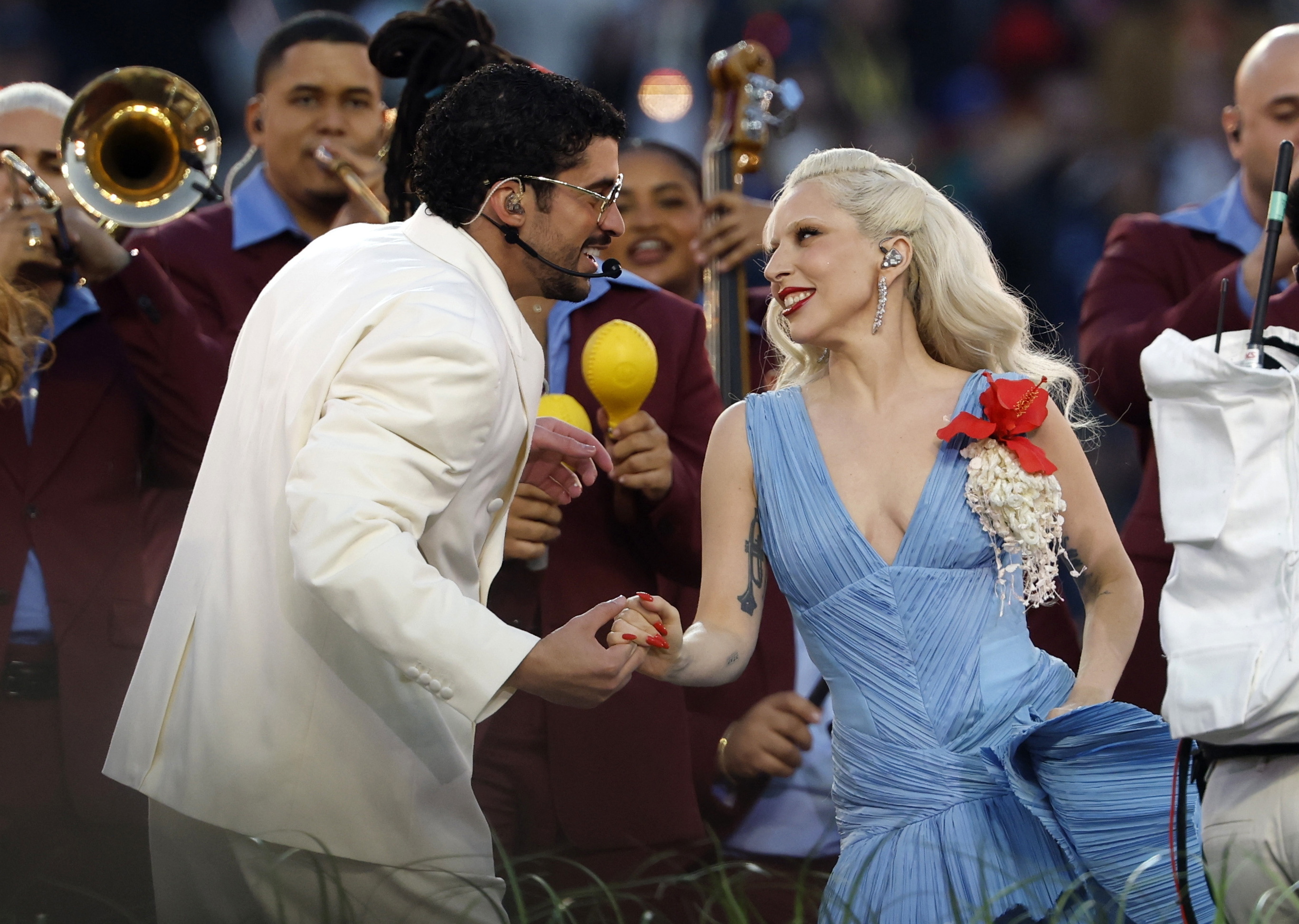 SANTA CLARA (United States), 09/02/2026.- Bad Bunny and Lady Gaga (R) perform in the Halftime Show of the Super Bowl LX between the New England Patriots and the Seattle Seahawks at the Levi's Stadium in Santa Clara, California, USA, 08 February 2026. EFE/EPA/JOHN G. MABANGLO