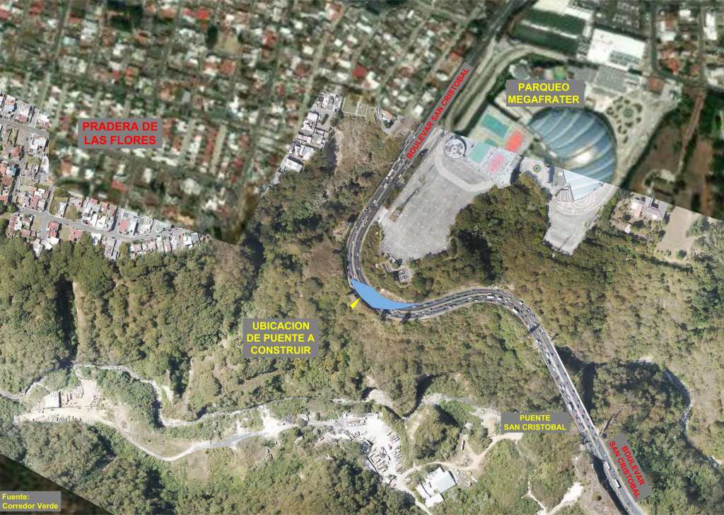 En color celeste se muestra el tramo donde iniciará la construcción del puente que unirá el bulevar principal con el Bulevar Sur de San Cristóbal, como parte del proyecto Corredor Verde. (Foto, Prensa Libre: cortesía Corredor Verde)