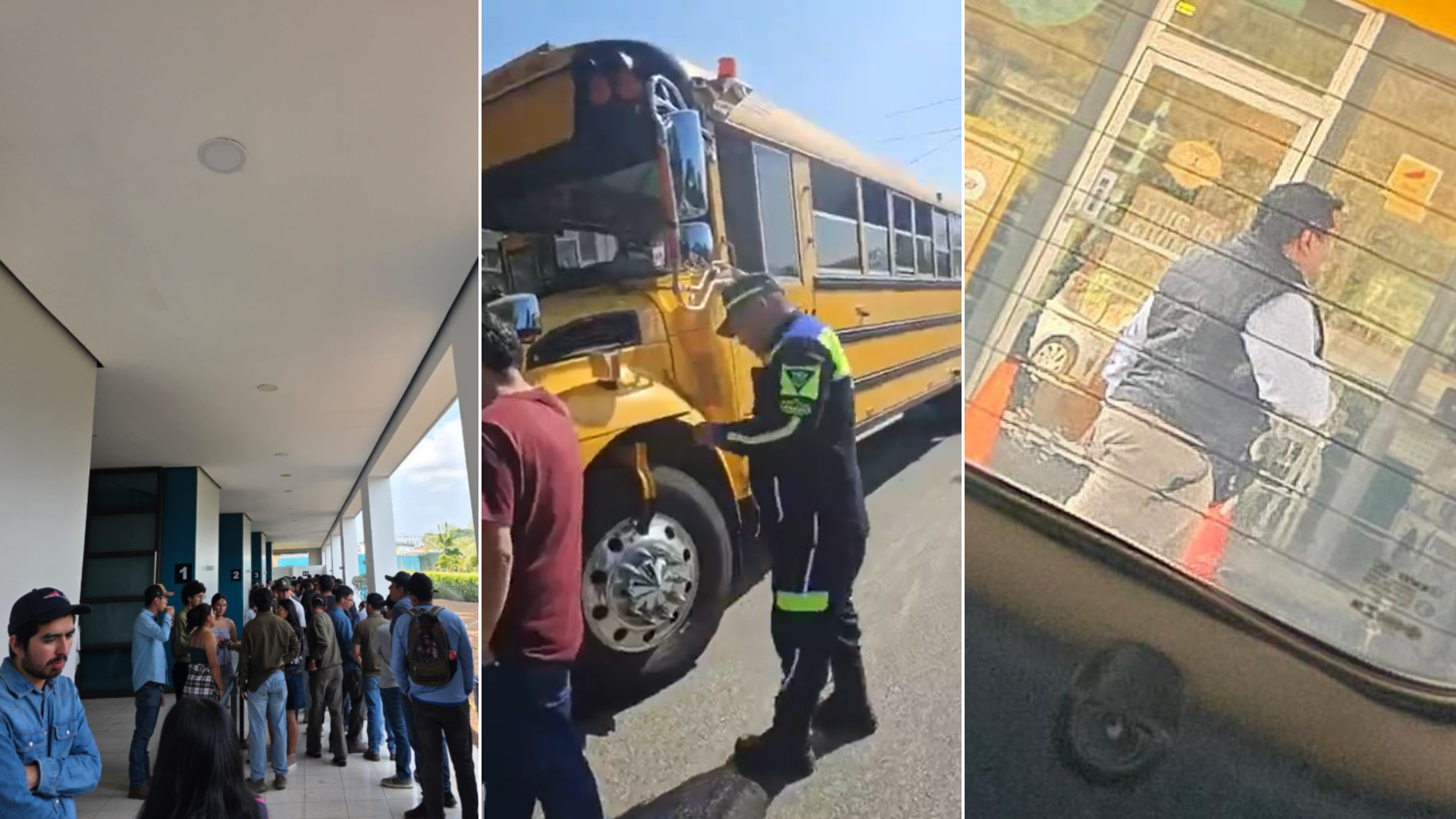 Composición de imágenes de centro de votación de la USAC, bus con cepo colocado por la PMT y presencia policial tras denuncias de intimidación durante elección del CEU