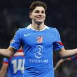 LONDON (United Kingdom), 18/03/2026.- Atletico Madrid's Julian Alvarez celebrates after scoring the 1-1 goal during the UEFA Champions League Round of 16 2nd leg match between Tottenham Hotspurs and Atletico Madrid in London, Great Britain, 18 March 2026. (Liga de Campeones, Gran Bretaña, Reino Unido, Londres) EFE/EPA/TOLGA AKMEN