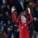 PRAGUE (CZECHIA), 26/03/2026.- Ladislav Krejci of Czechia celebrates after scoring the 2-2 equalizer during the FIFA World Cup 2026 European playoffs soccer match between Czechia and Ireland in Prague, Czechia, 26 March 2026. (Mundial de Fútbol, Irlanda, Praga) EFE/EPA/FILIP SINGER