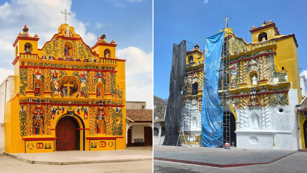 Comparación del antes y después de la fachada del templo de San Andrés Xecul en Totonicapán, con parte de la iglesia cubierta de pintura blanca durante trabajos realizados en marzo de 2026.