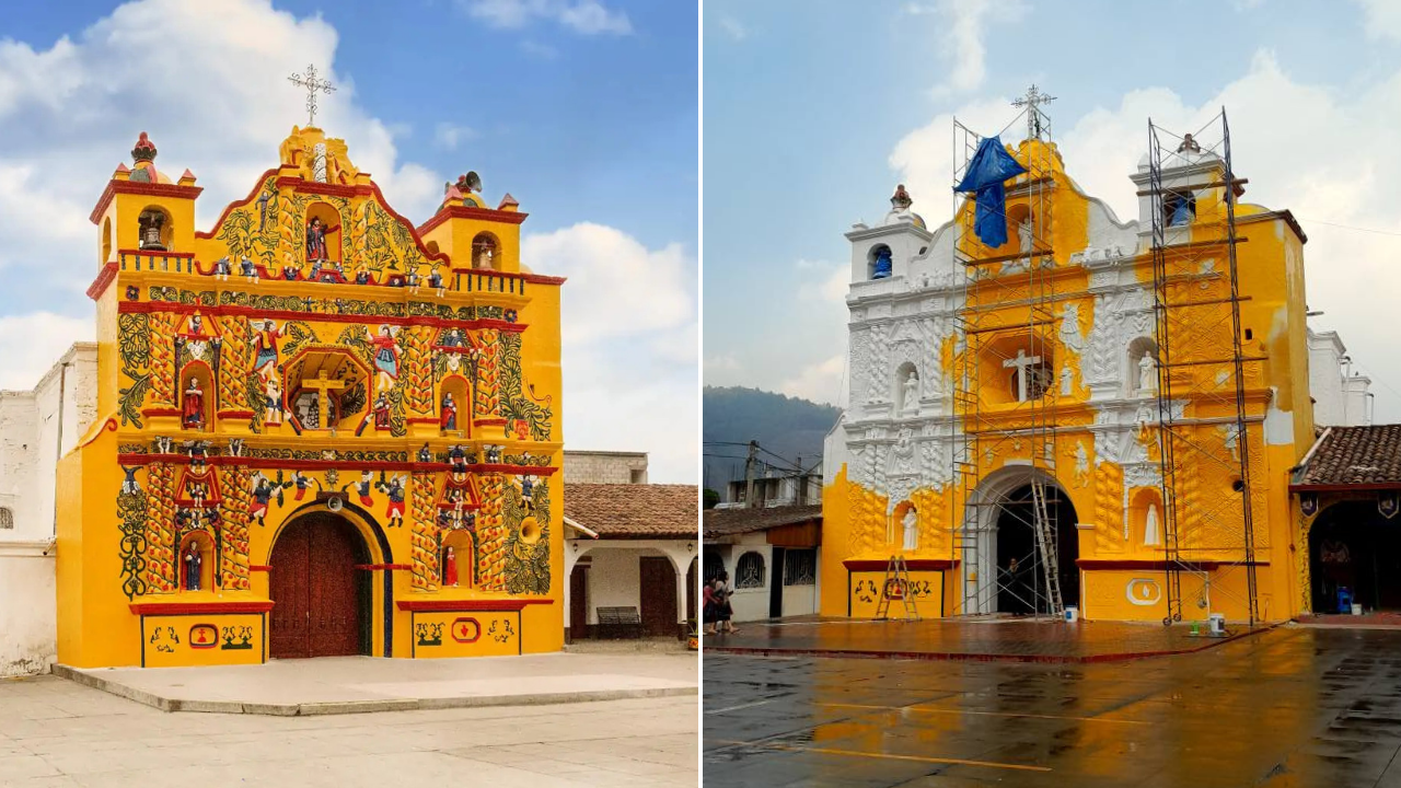 Comparativa del antes y después de la restauración de la fachada de la Iglesia de San Andrés Xecul durante el proceso de pintura en Totonicapán.