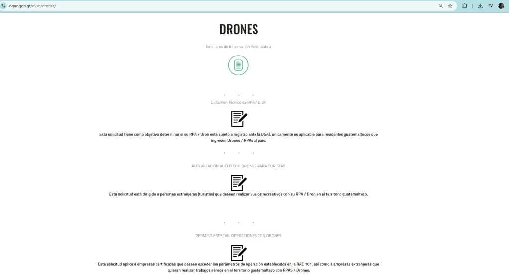 Captura de pantalla de la sección de drones del sitio web de la Dirección General de Aeronáutica Civil de Guatemala donde se descargan formularios para registro y autorización de vuelo.