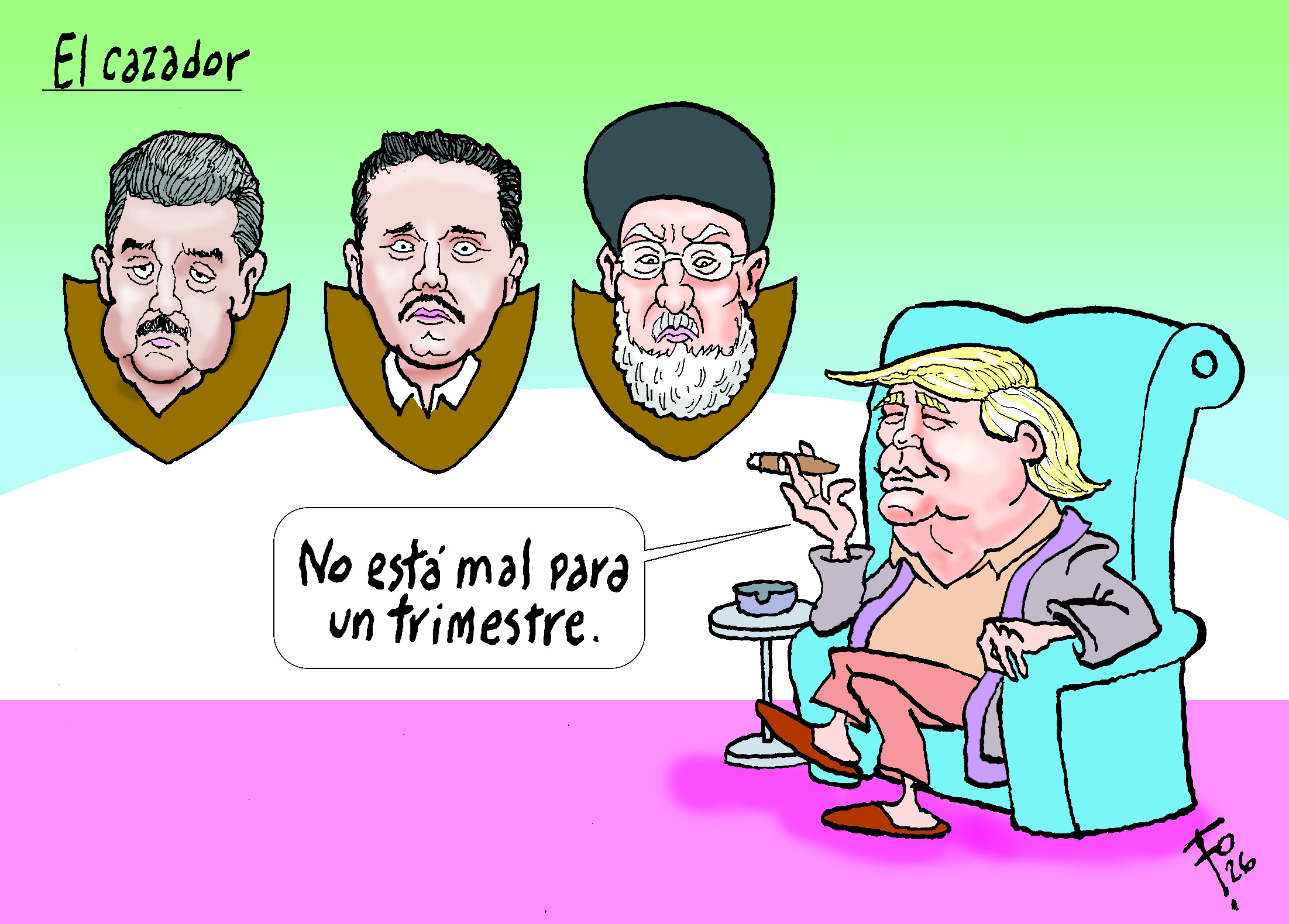 Personajes: Nicolás Maduro, Nemesio Oseguera, Alí Jamenei y Donald Trump.