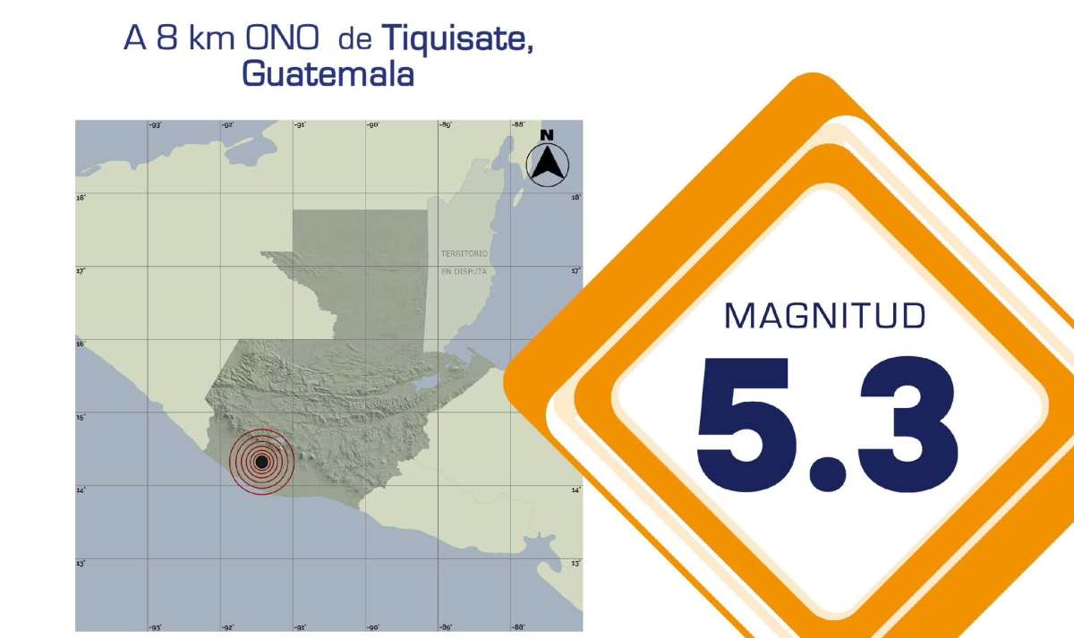 Mapa que muestra el epicentro y la magnitud del sismo registrado el 8 de marzo de 2026 frente a la costa de Suchitepéquez.