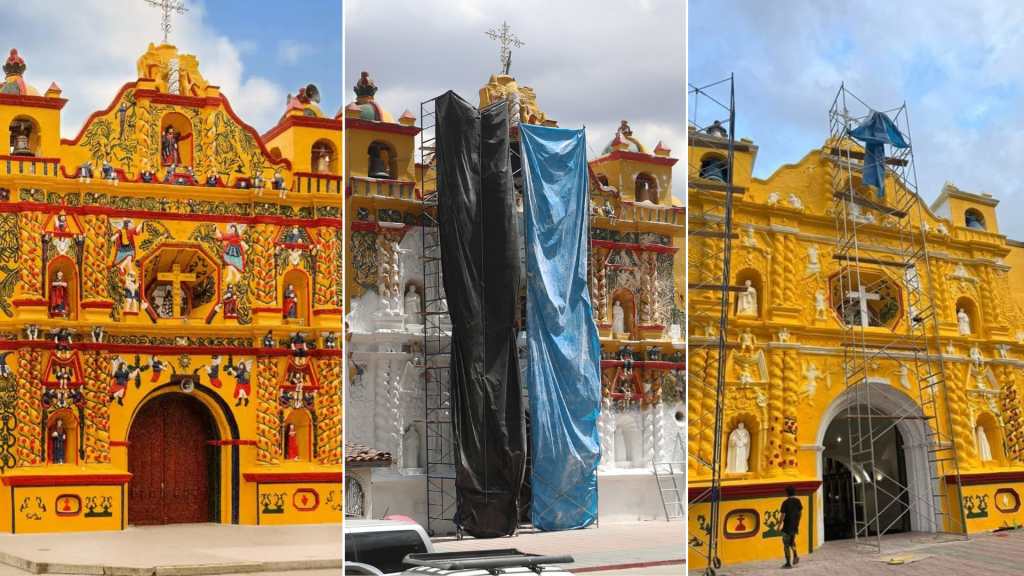 Comparación de la fachada del templo de San Andrés Xecul en Totonicapán: imagen de diciembre de 2023, inicio de trabajos con pintura blanca el 4 de marzo de 2026 y fachada nuevamente amarilla el 9 de marzo de 2026.