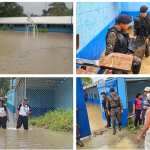 Bomberos Voluntarios y soldados evacuaron a estudiantes de la Escuela Las Colinas tras inundación en Puerto Barrios. (Foto Prensa Libre: Ejército de Guatemala y CVB)