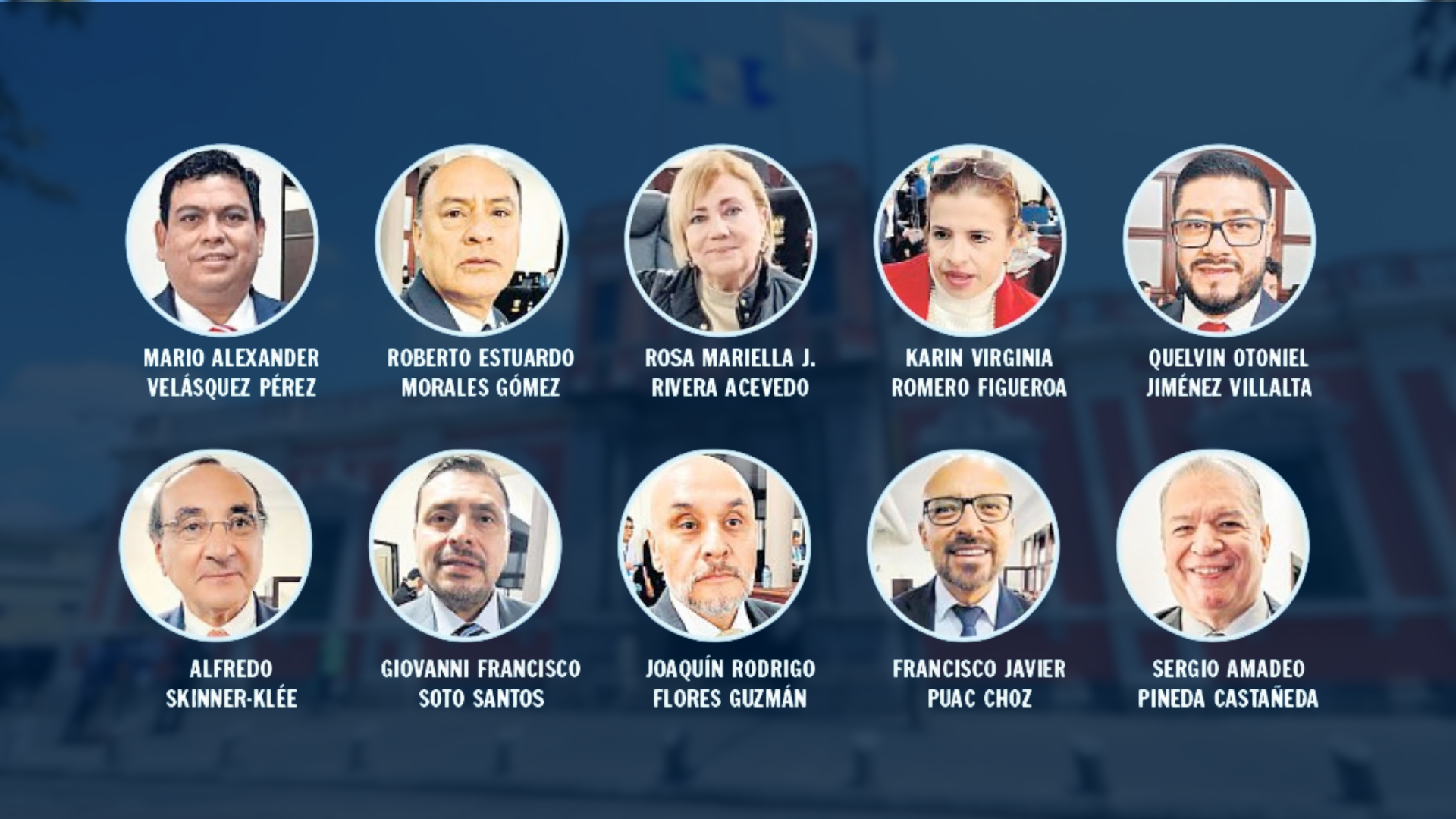 Rostros de los magistrados titulares y suplentes electos para el Tribunal Supremo Electoral (TSE) de Guatemala para el período 2026-2032.