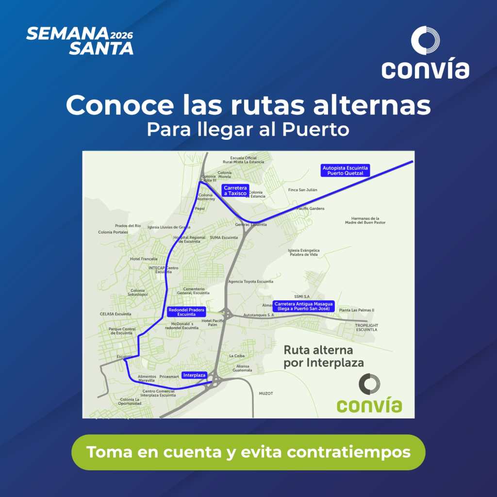 Mapa de ruta alterna por Interplaza hacia Puerto San José desde Escuintla en Semana Santa