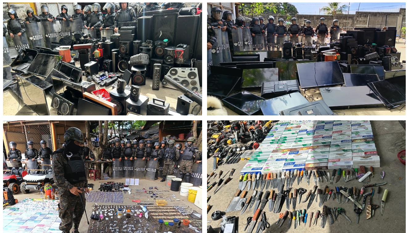 Agentes de la Policía Nacional Civil y soldados del Ejército participan en la requisa efectuada en el Centro de Rehabilitación de Puerto Barrios, Izabal. (Foto Prensa Libre: PNC y Ejército de Guatemala)