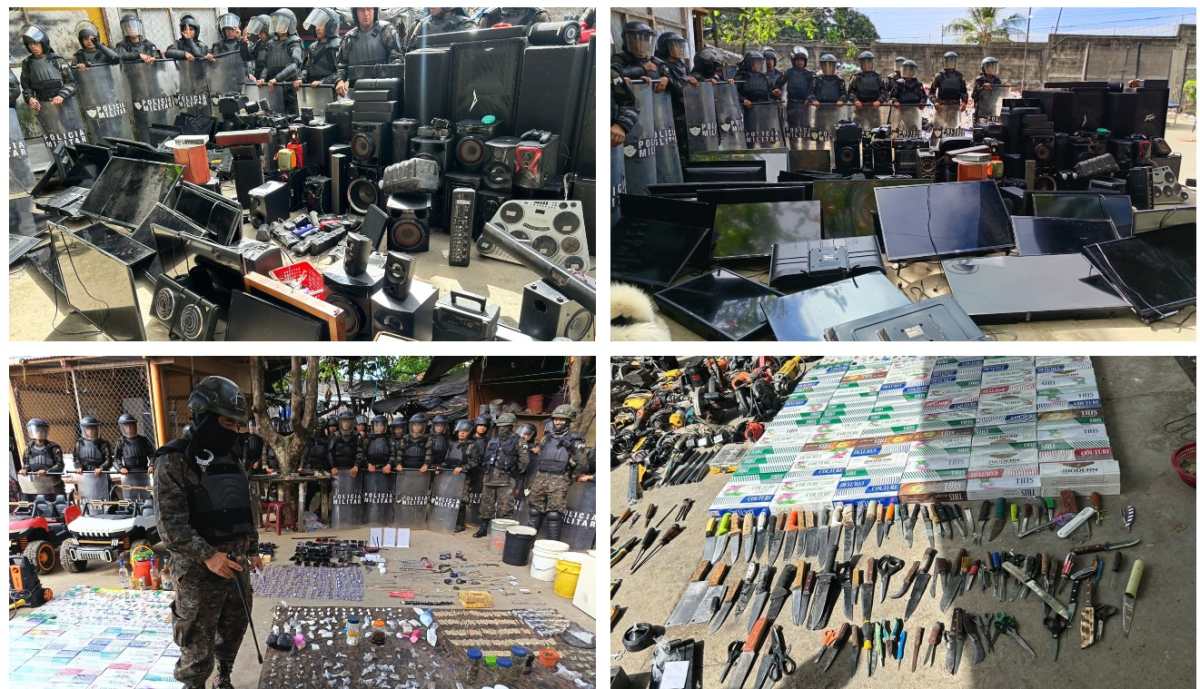 Agentes de la Policía Nacional Civil y soldados del Ejército participan en la requisa efectuada en el Centro de Rehabilitación de Puerto Barrios, Izabal. (Foto Prensa Libre: PNC y Ejército de Guatemala)