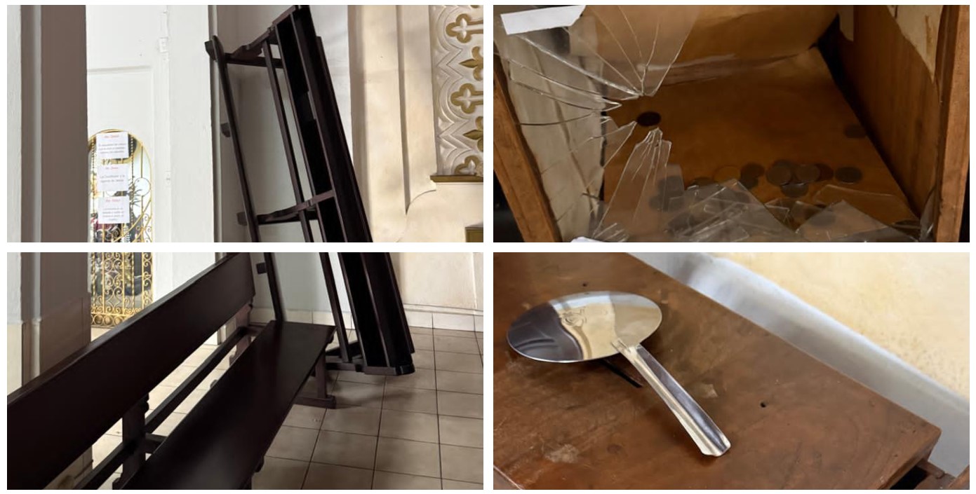 Personas desconocidas ingresaron a la parroquia Nuestra Señora de la Asunción, en la zona 2 capitalina, tras romper vitrales y utilizar bancas como apoyo para robar las ofrendas. (Foto Prensa Libre: Cortesia de Angelica Castellanos)