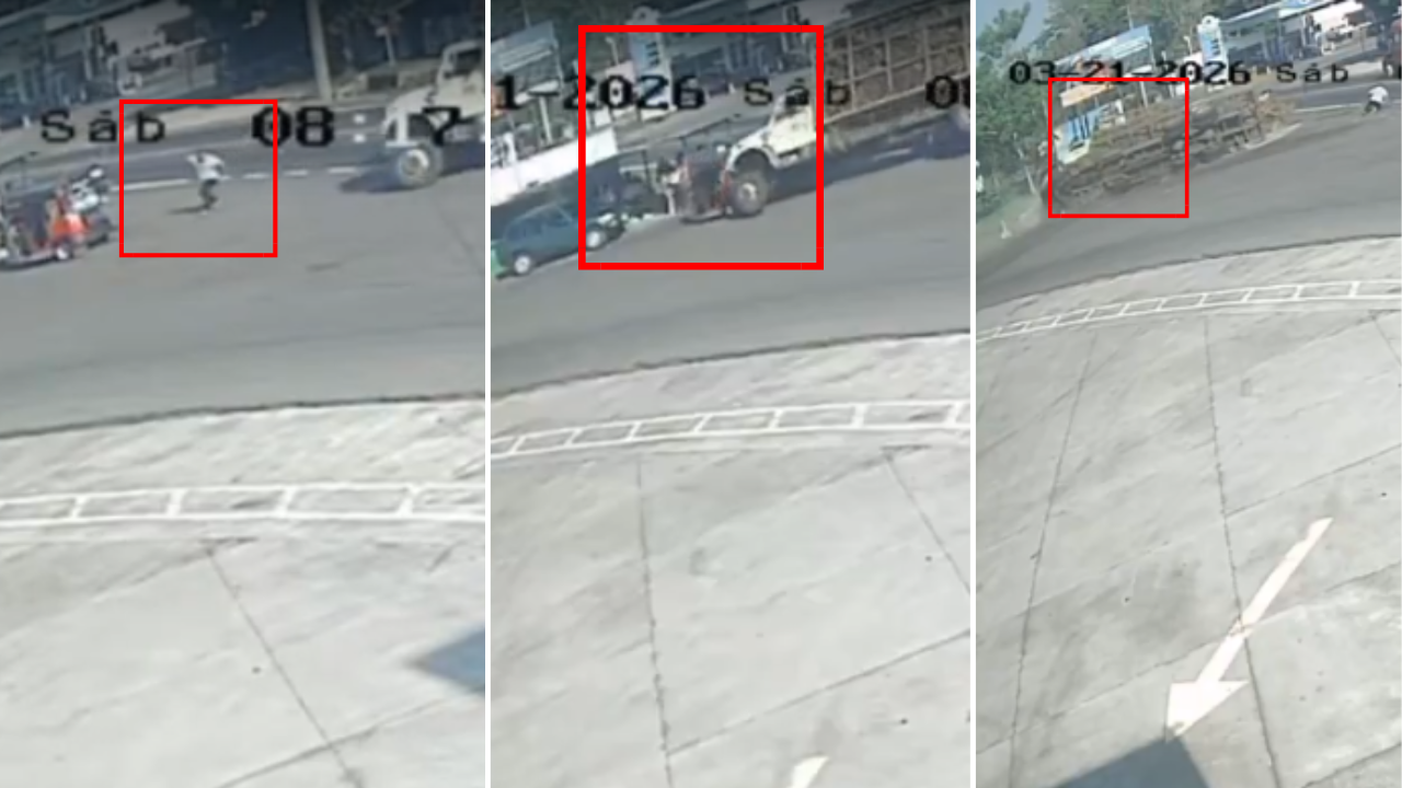 Capturas de video del momento en que camión cañero vuelca en cruce a Tiquisate, Suchitepéquez